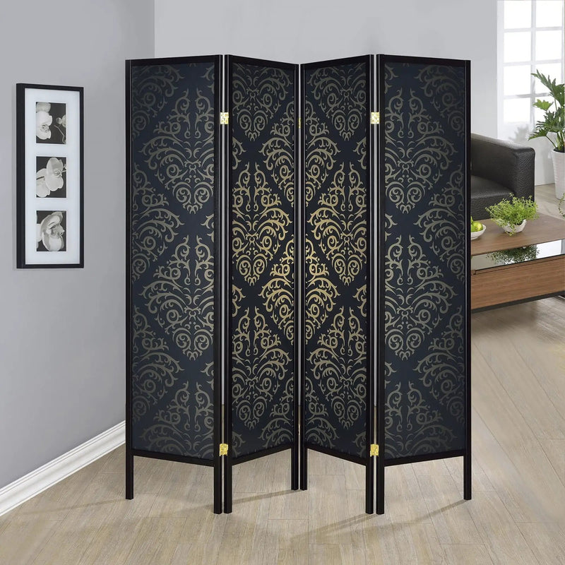 4 Panel Folding Screen With Diamond Scrollwork Motif - Black by HouseOfZazla