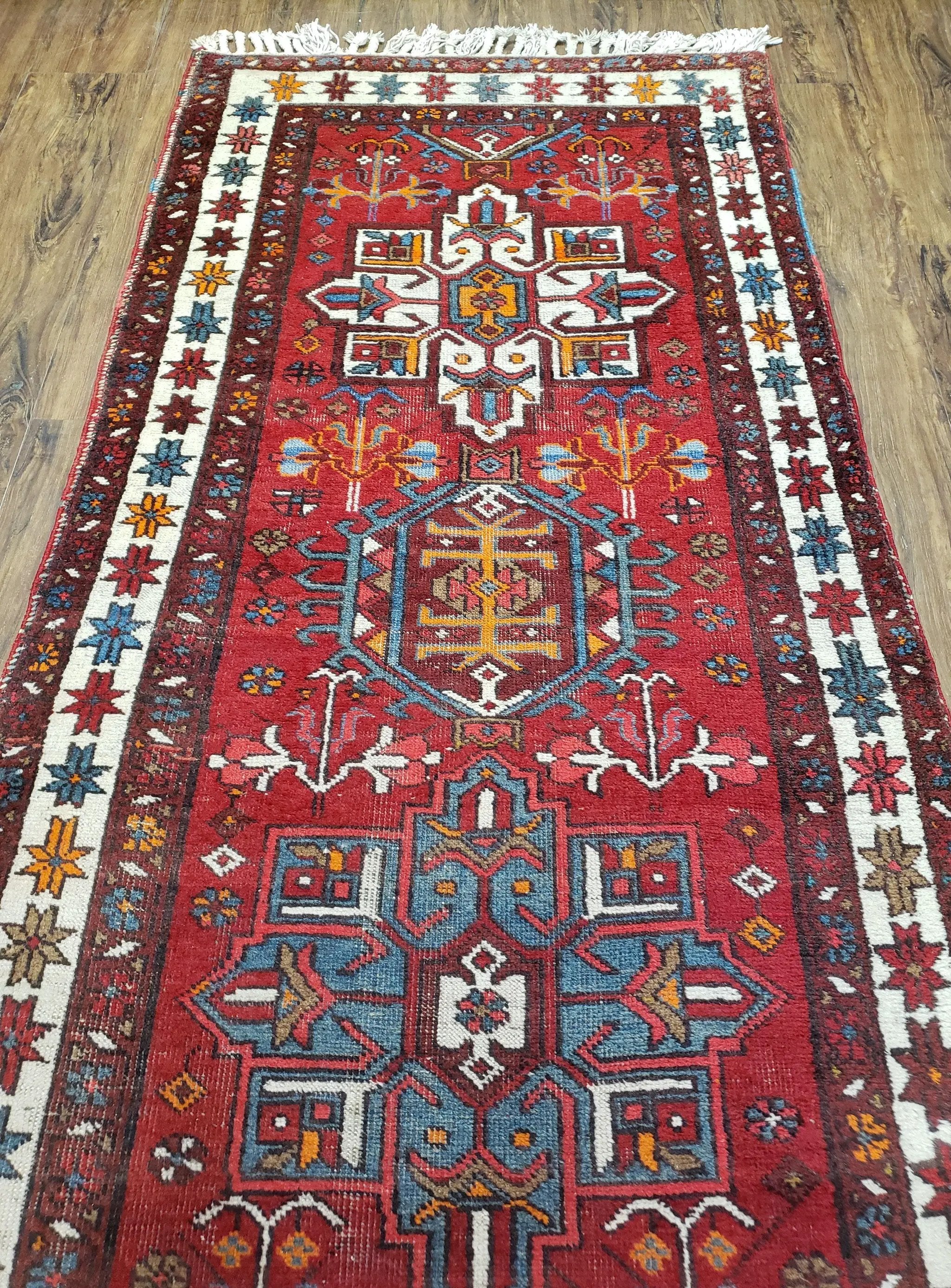 Antique Persian Heriz Karajeh Runner Rug 3x11, Hand-Knotted Red Geometric Medallions by Jewel Rugs