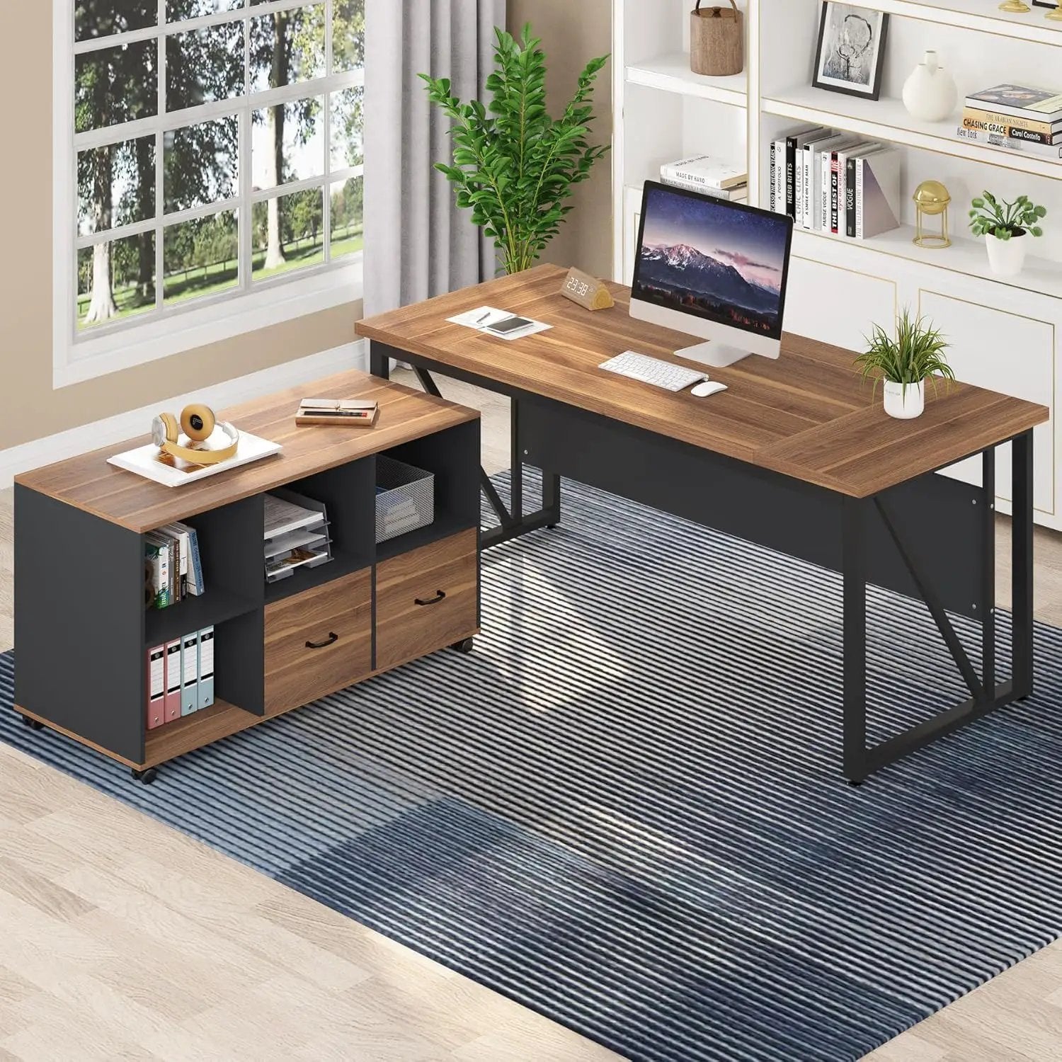 L-Shaped Executive Desk With Mobile File Cabinet, Large Home Office Workstation With Drawers And Shelves - Brown / Black by HouseOfZazla