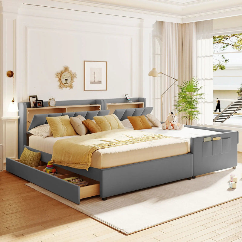Upholstered Mother & Child Bed With Hydraulic Storage System, Drawer Box, Bedhead Storage Shelf And 2 Pairs Of Sockets & USB Ports by Unique Piece Furniture