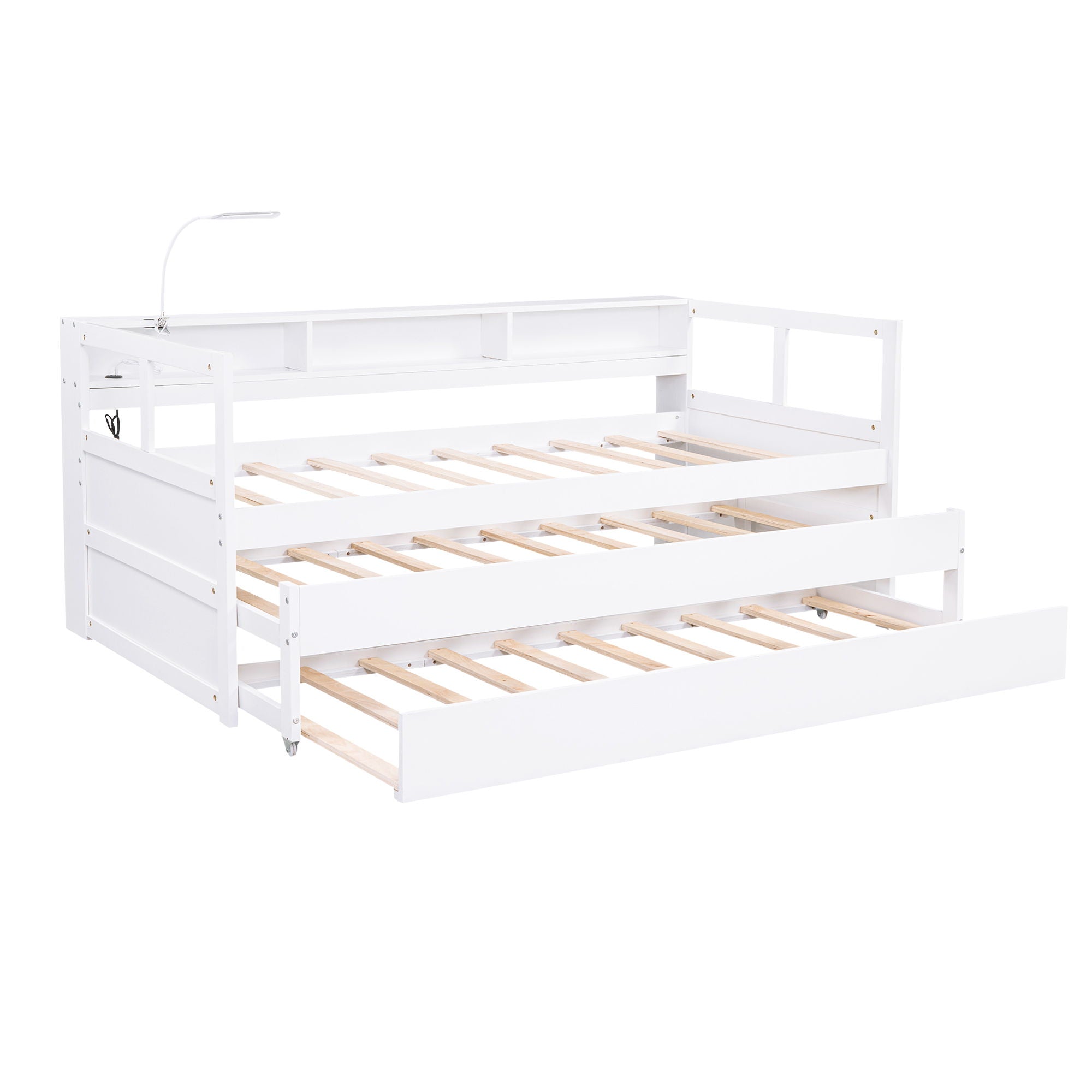 Daybed With 2 Trundles, 3 Storage Cubbies, Built In USB Charging Light by HouseOfZazla