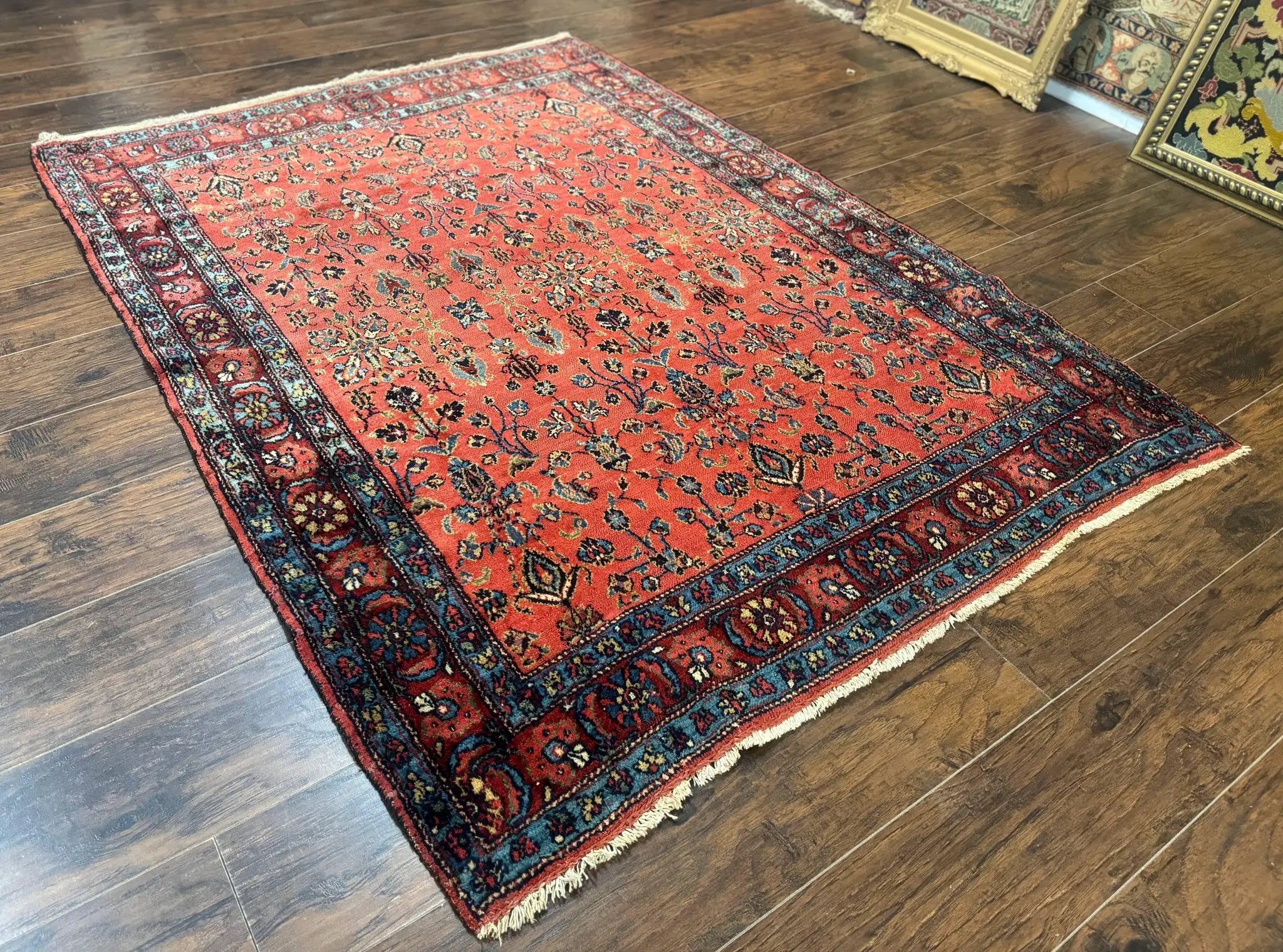 Antique Persian Tribal Rug 5 x 6.6, Tomato Red, Hamadan Angelas Rug by Jewel Rugs