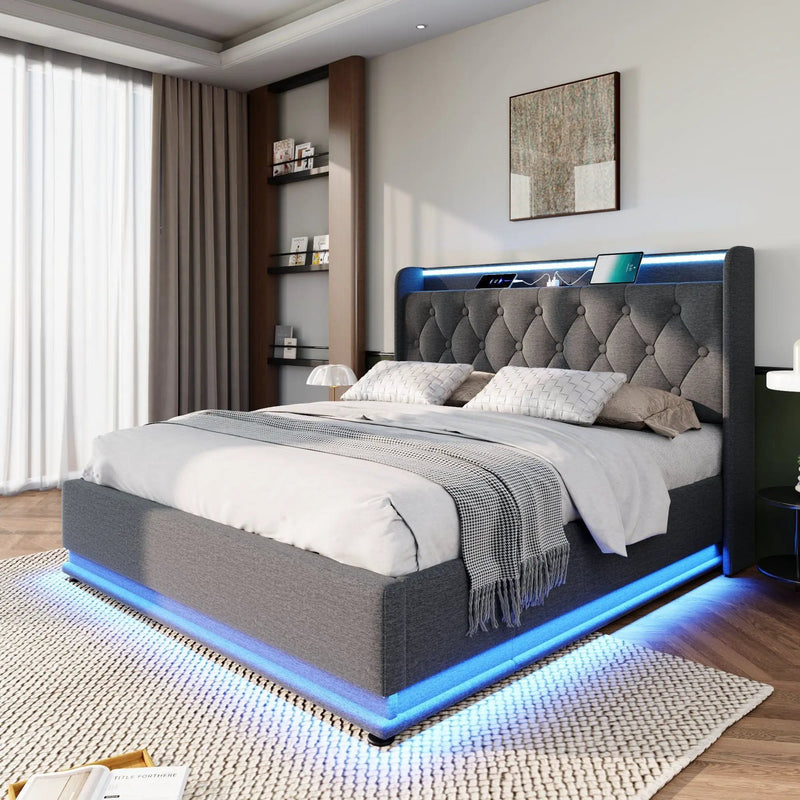 Upholstered Bed, 360 Surround LED Function, Remote Control, Hydraulic Storage Bed With USB, Type-C Charging (Without Mattress) by HouseOfZazla