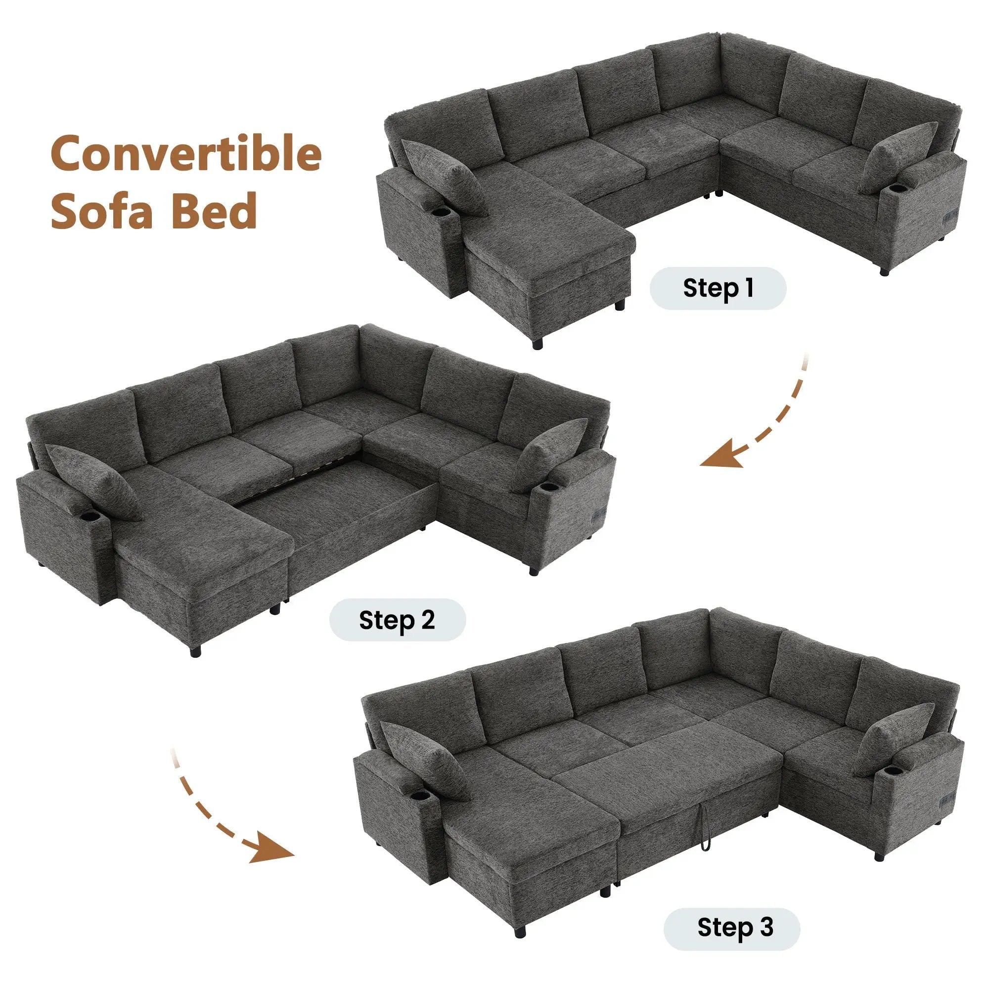 U-Shaped Sectional Sleeper Sofa With Ample Storage Space, 2 Cup Holders And Charging Ports For Living Room by HouseOfZazla