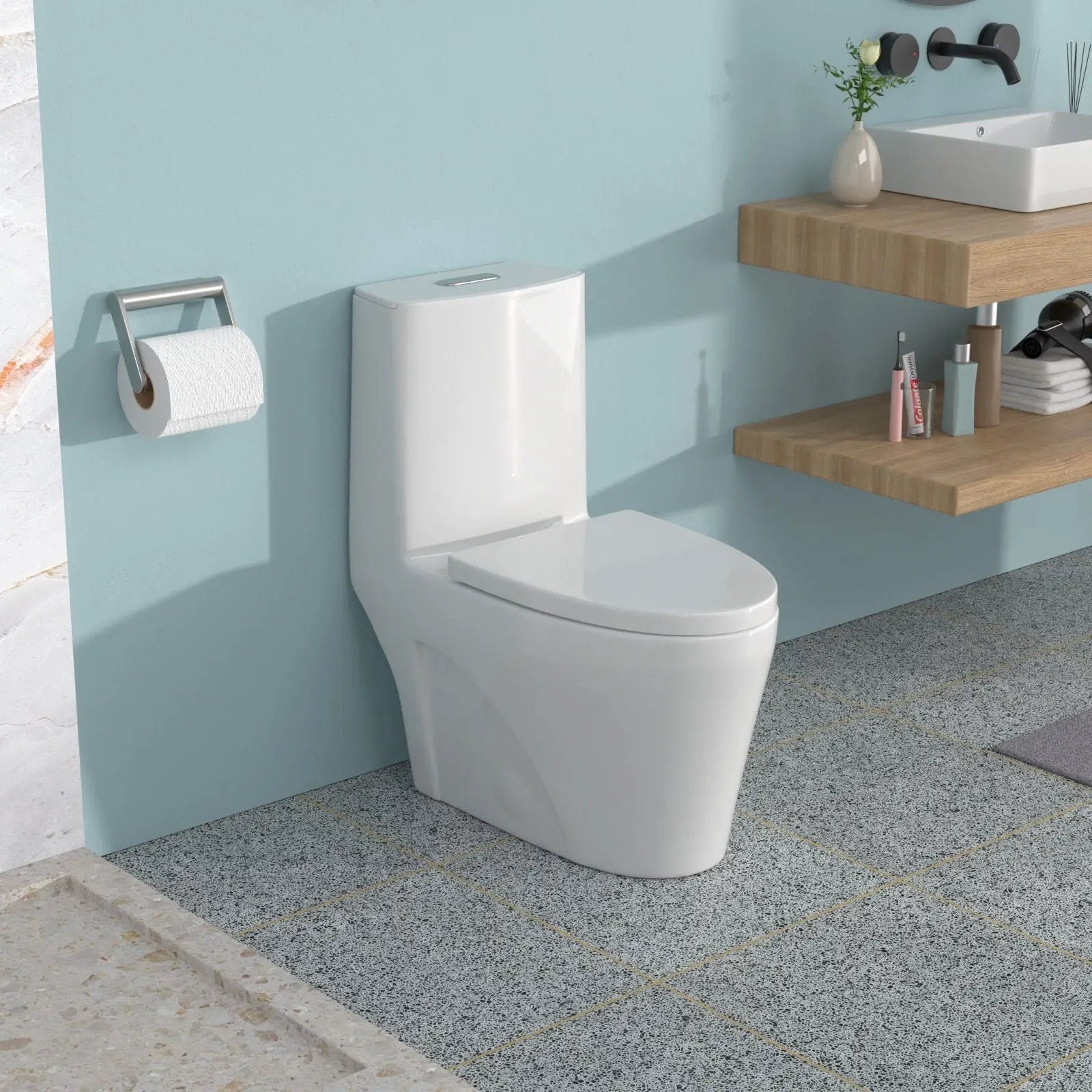 1 Piece Toilet For Bathroom, Dual Flush 1.24 / 1.6 Gpf, Soft Closing Seat - White by HouseOfZazla