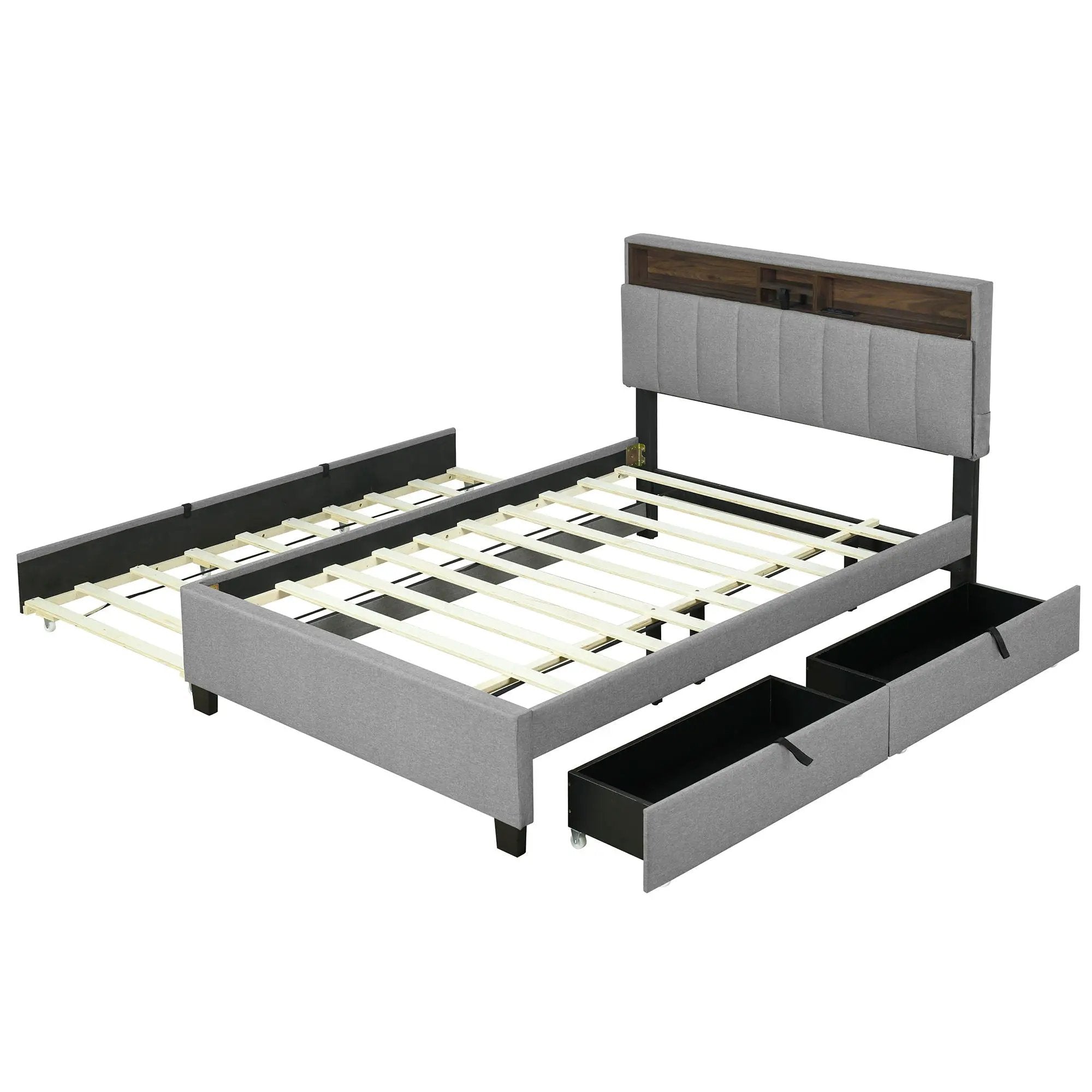 Upholstered Platform Bed With Storage Headboard, Trundle & 2 Drawers And A Set Of Sockets & USB Ports by HouseOfZazla