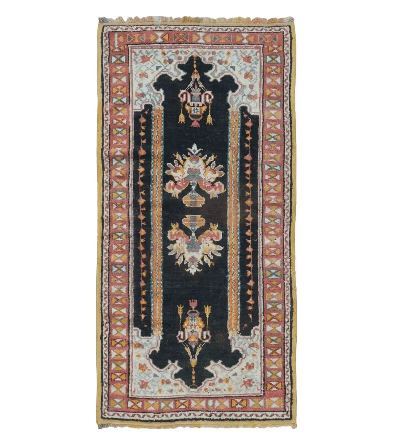 Antique Moroccan Runner Rug 3x7, Moroccan Prayer Rug, Double Mehrab Prayer Arches, Black and Red, Hand-Knotted Wool Carpet, Hallway Rug Nice by Jewel Rugs