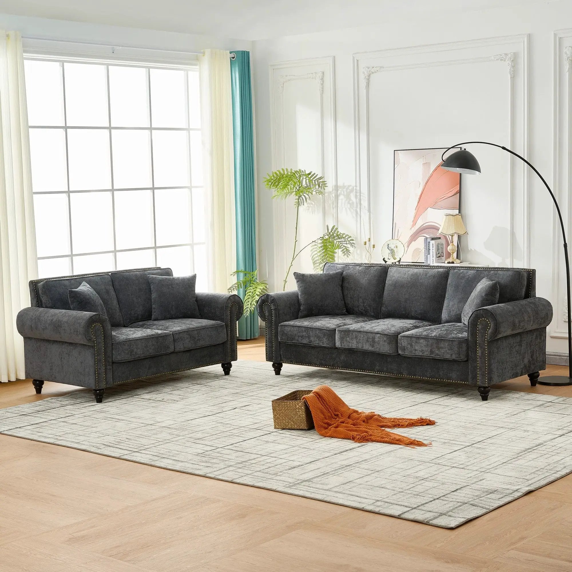 3 Seater Sofa With Tufted Upholstery, Rolled Arms, Nailhead Trim by HouseOfZazla