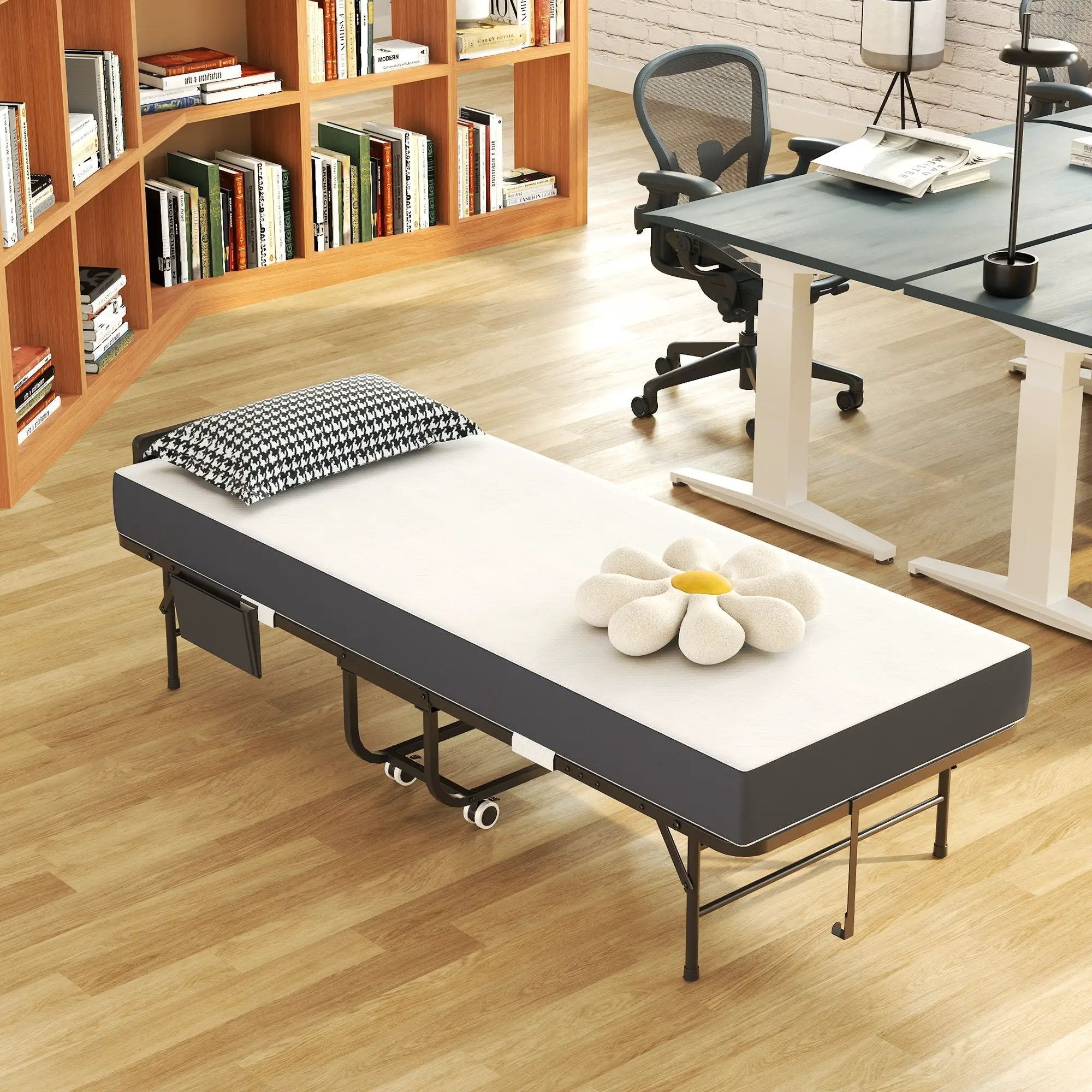 Twin Folding Bed With Adjustable Headboard & Memory Foam, Space Saving Rollaway Guest For Tall People, Portable On Wheels, Easy Assembly - Black by Unique Piece Furniture
