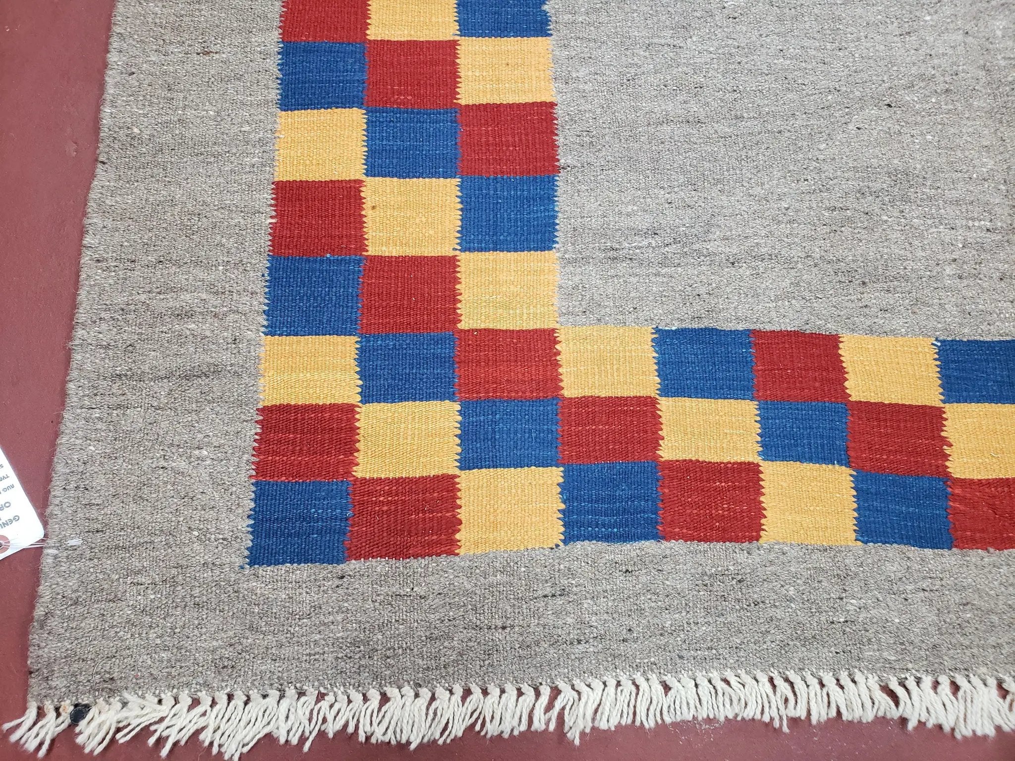 New Turkish Kilim Area Rug, Gray Carpet With Colorful Checker Border, 5'6" x 8", Flatweave Carpet, Playroom Rug, Kids Room Rug, Hand-Knotted by Jewel Rugs
