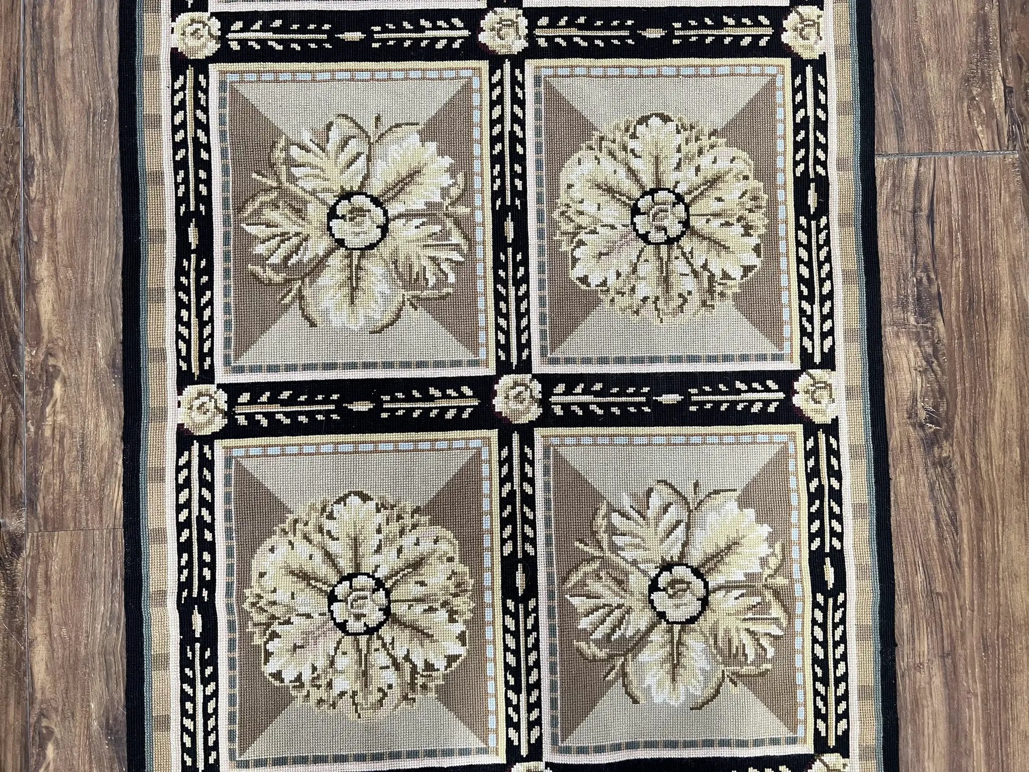Needlepoint Runner Rug 3x8 Panel Design Rug, Flatweave Runner Rug, English Design, Floral, Short Runner Rug, Black and Beige Wool Hand-Woven by Jewel Rugs
