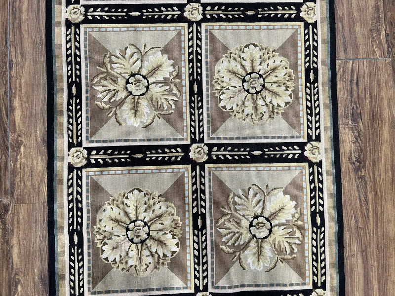 Needlepoint Runner Rug 3x8 Panel Design Rug, Flatweave Runner Rug, English Design, Floral, Short Runner Rug, Black and Beige Wool Hand-Woven by Jewel Rugs
