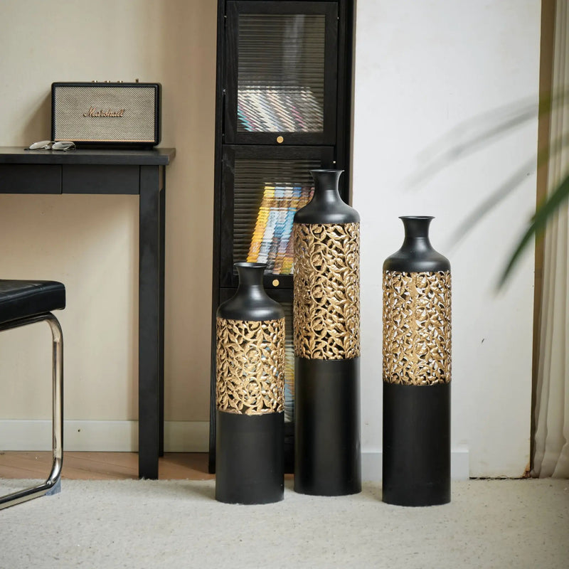 Floor Metal Vases Decorated Metal Vases (Set of 3) Gorgeous Home Decoration Large Glazed Metal Vases - Black / Gold by HouseOfZazla