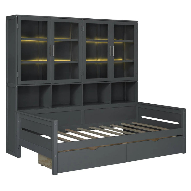 Daybed With Glass Door Storage Cabinets, Built In LED Lighting And Shelves by HouseOfZazla