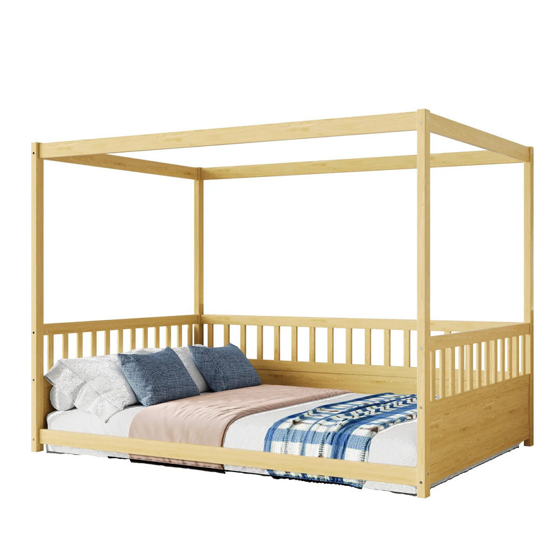 Full Size Canopy Bed Frame with Guardrails for Kids by HouseOfZazla