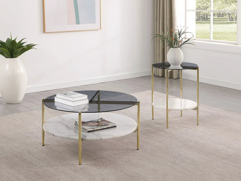 Jonelle Round Glass Top End Table White Marble Shelf Gold by Unique Piece Furniture