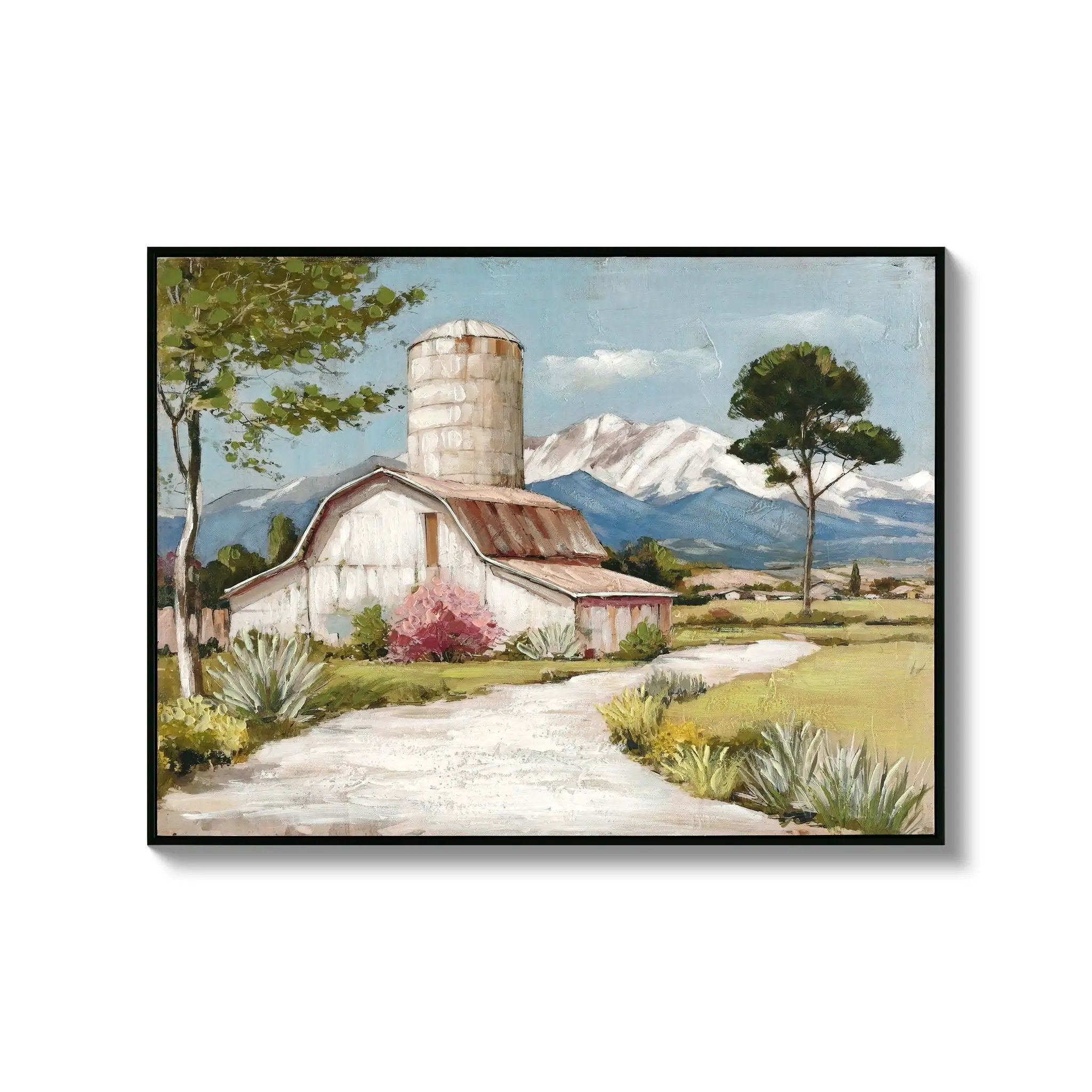 Framed Canvas Wall Art Beautiful Field Painting Wildflower Barn Print Nature Scenery Picture For Home - Blue / Pink by Unique Piece Furniture