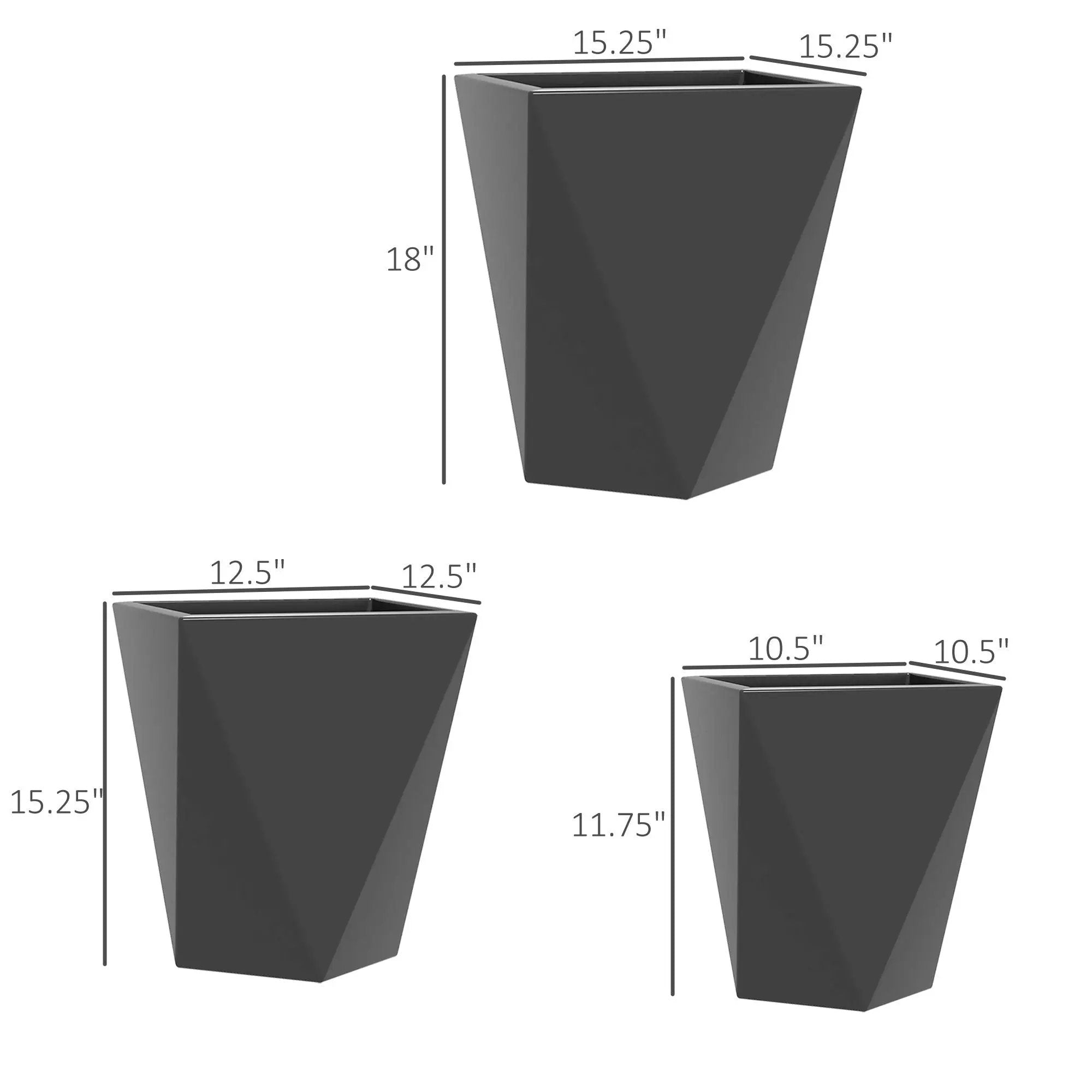 Outsunny - 18", 15.25", 11.75" Tall Planters (Set of 3), Indoor Outdoor Planters With Drainage Holes, Stackable Flower Pots For Garden, Patio, Balcony, Front Door - Gray by Unique Piece Furniture