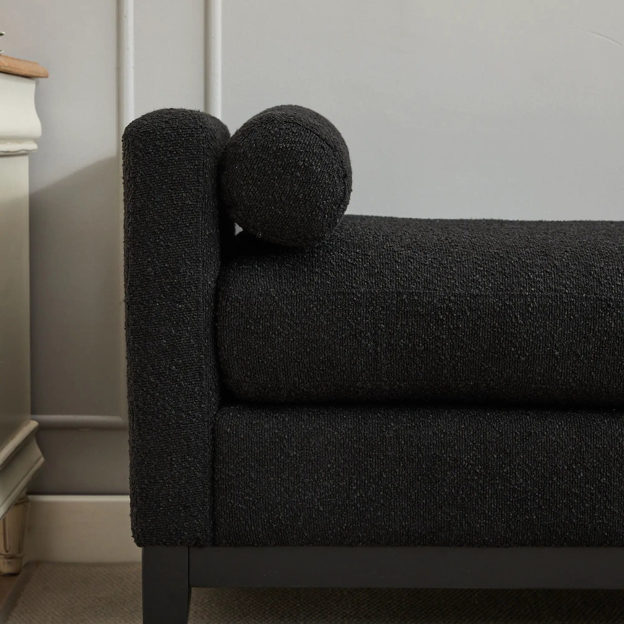 Elegant Upholstered Bench, Daybed, Ottoman With Wood Legs & 2 Bolster Pillows - Black Boucle by HouseOfZazla
