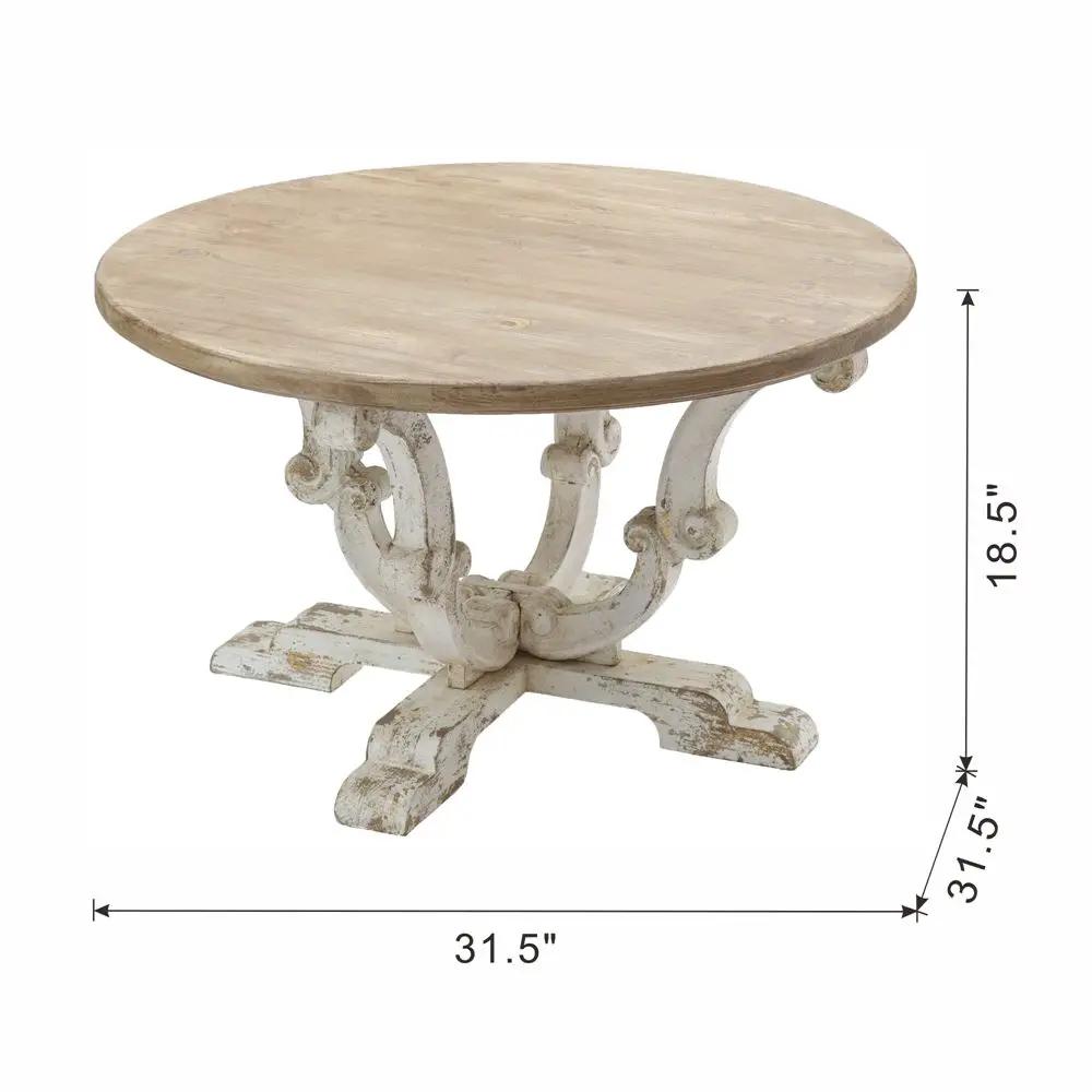 Round Wooden Coffee Table With Distressed Scrollwork Legs - Multicolor by HouseOfZazla