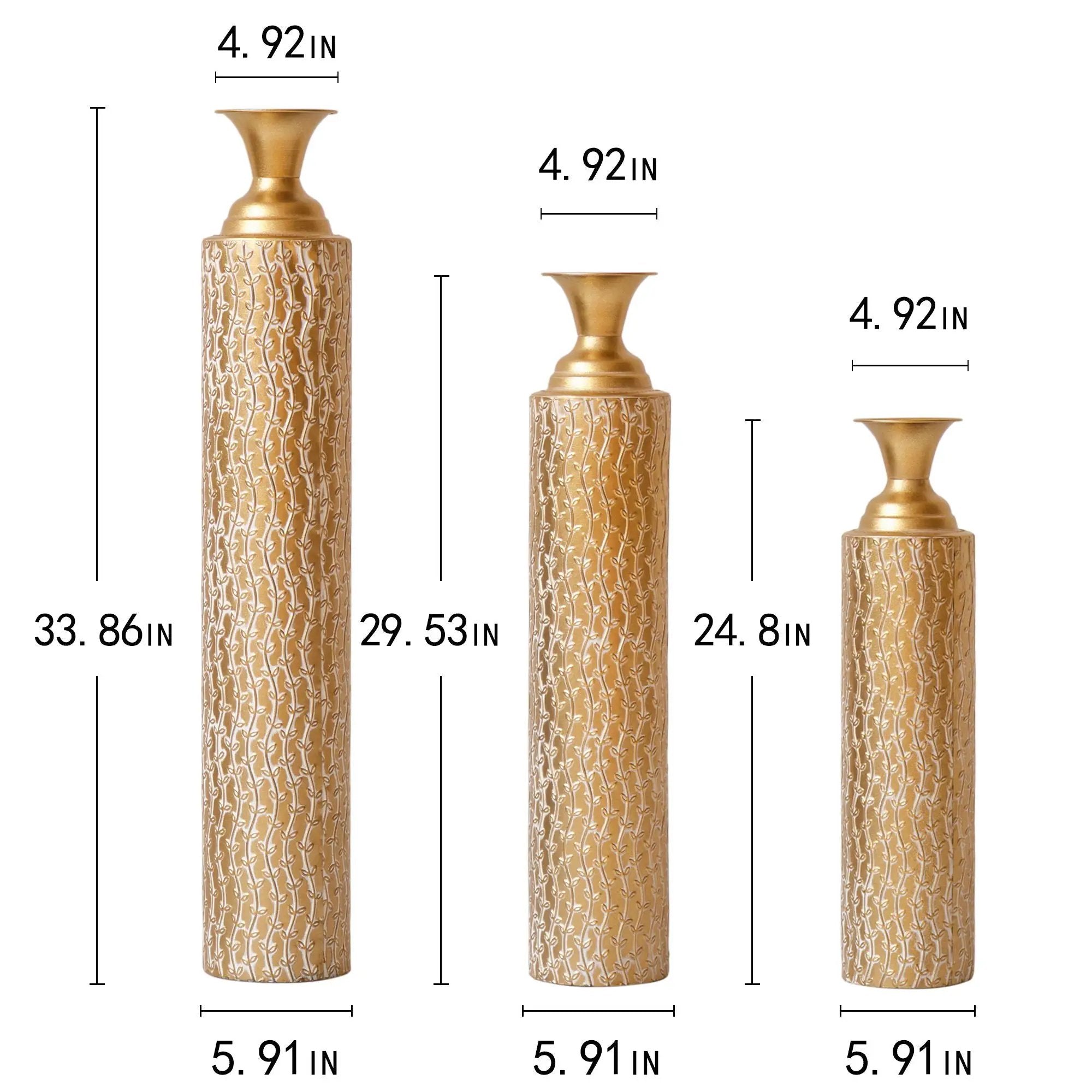 Metal Decorative Vases High Distress Metal Center Vases With Growing Vine Patterns, (Set of 3) Vases For Home Decoration - Gold by Unique Piece Furniture
