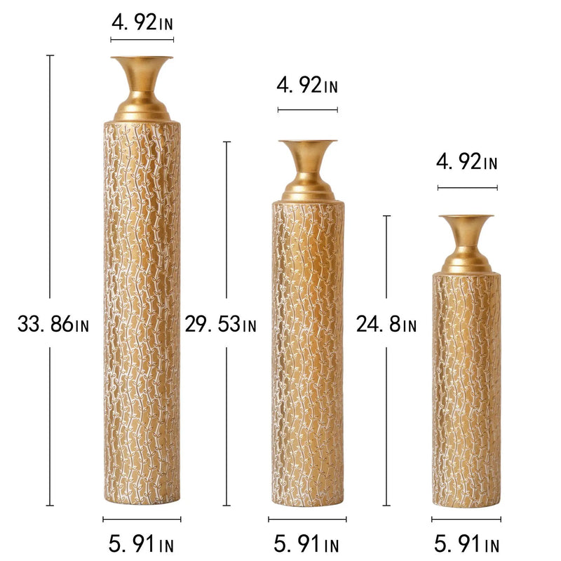 Metal Decorative Vases High Distress Metal Center Vases With Growing Vine Patterns, (Set of 3) Vases For Home Decoration - Gold by Unique Piece Furniture