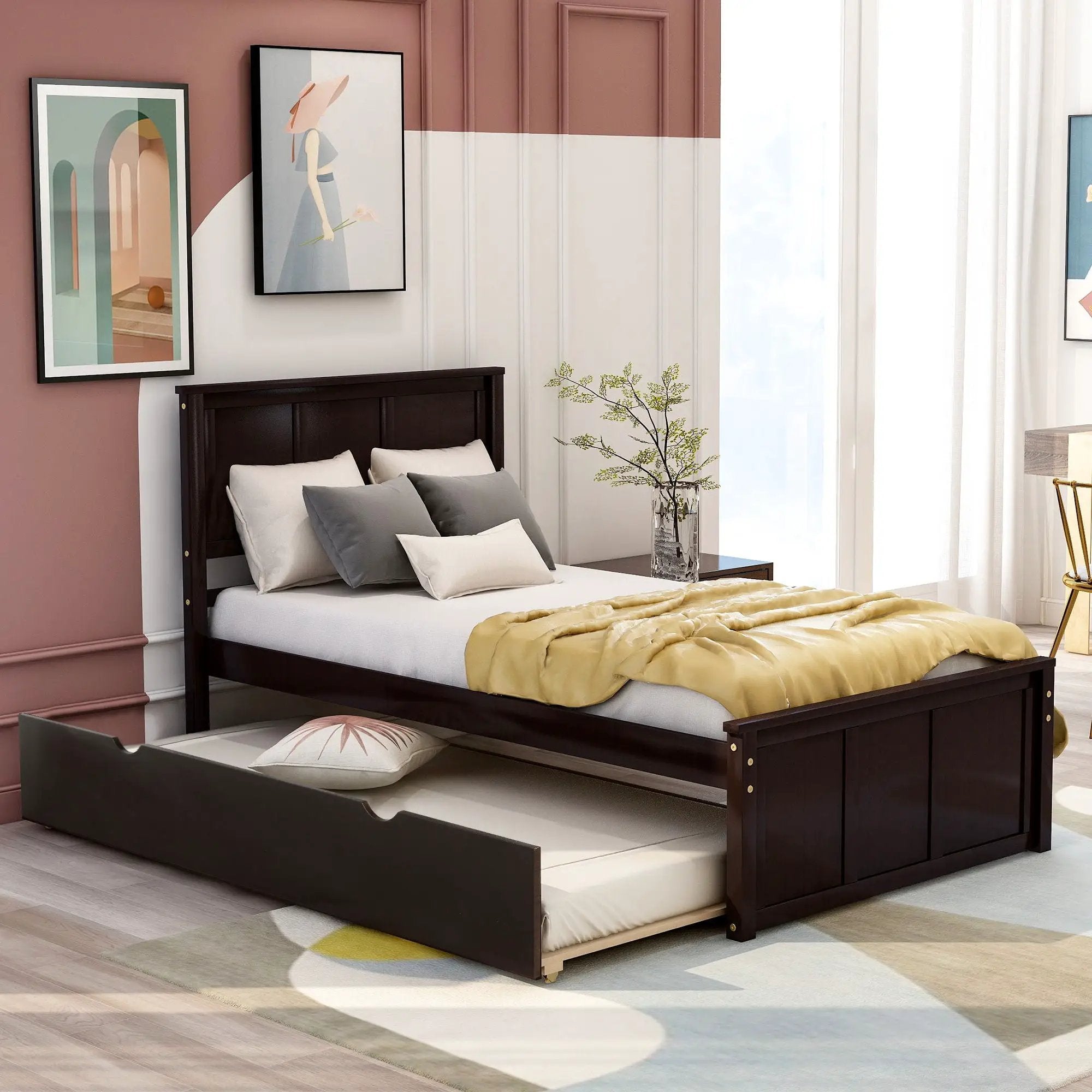 Platform Bed With Twin Trundle, Twin Size - Espresso by HouseOfZazla