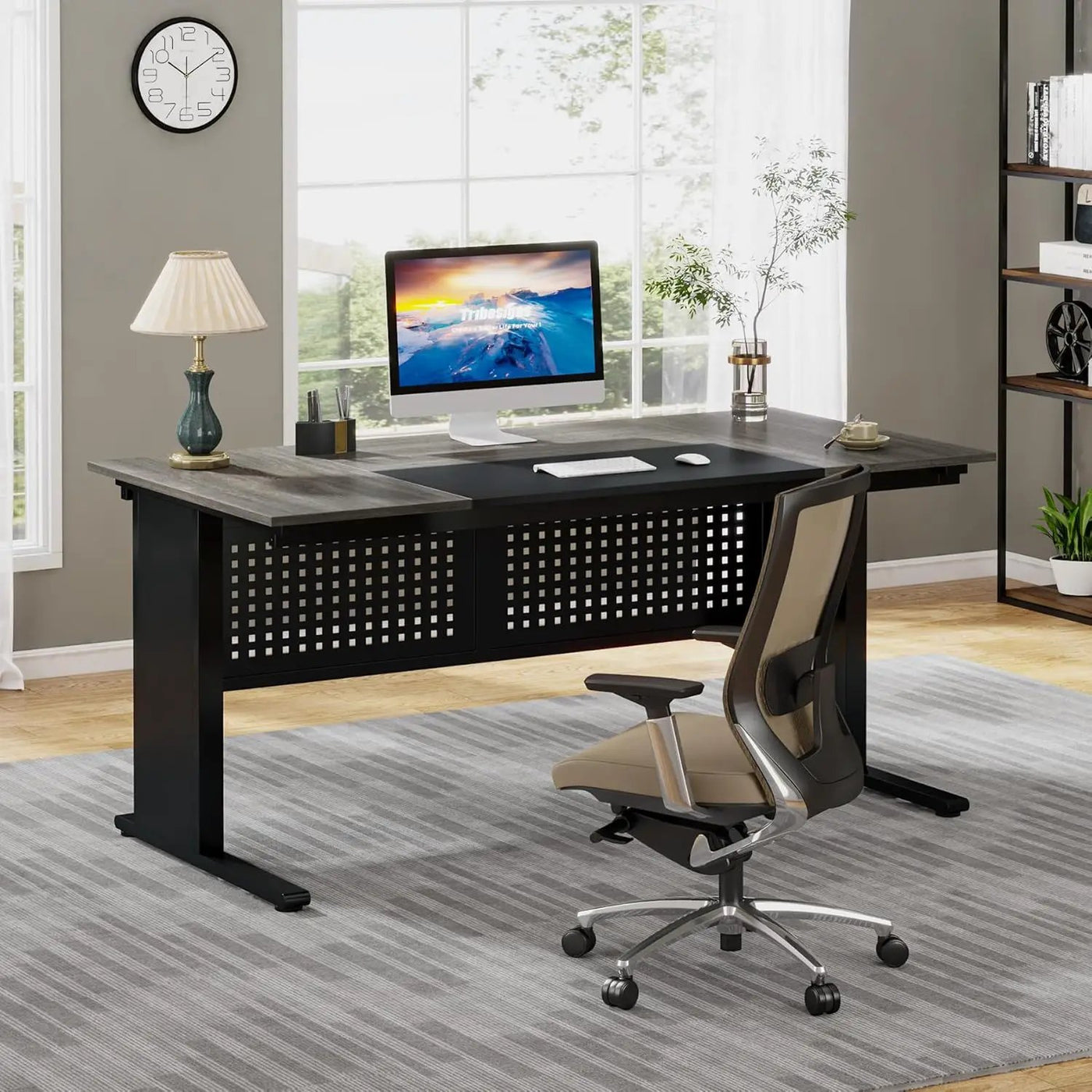 L-Shaped Executive Desk With File Cabinet, Office Workstation With Drawers, Shelves & Storage by HouseOfZazla