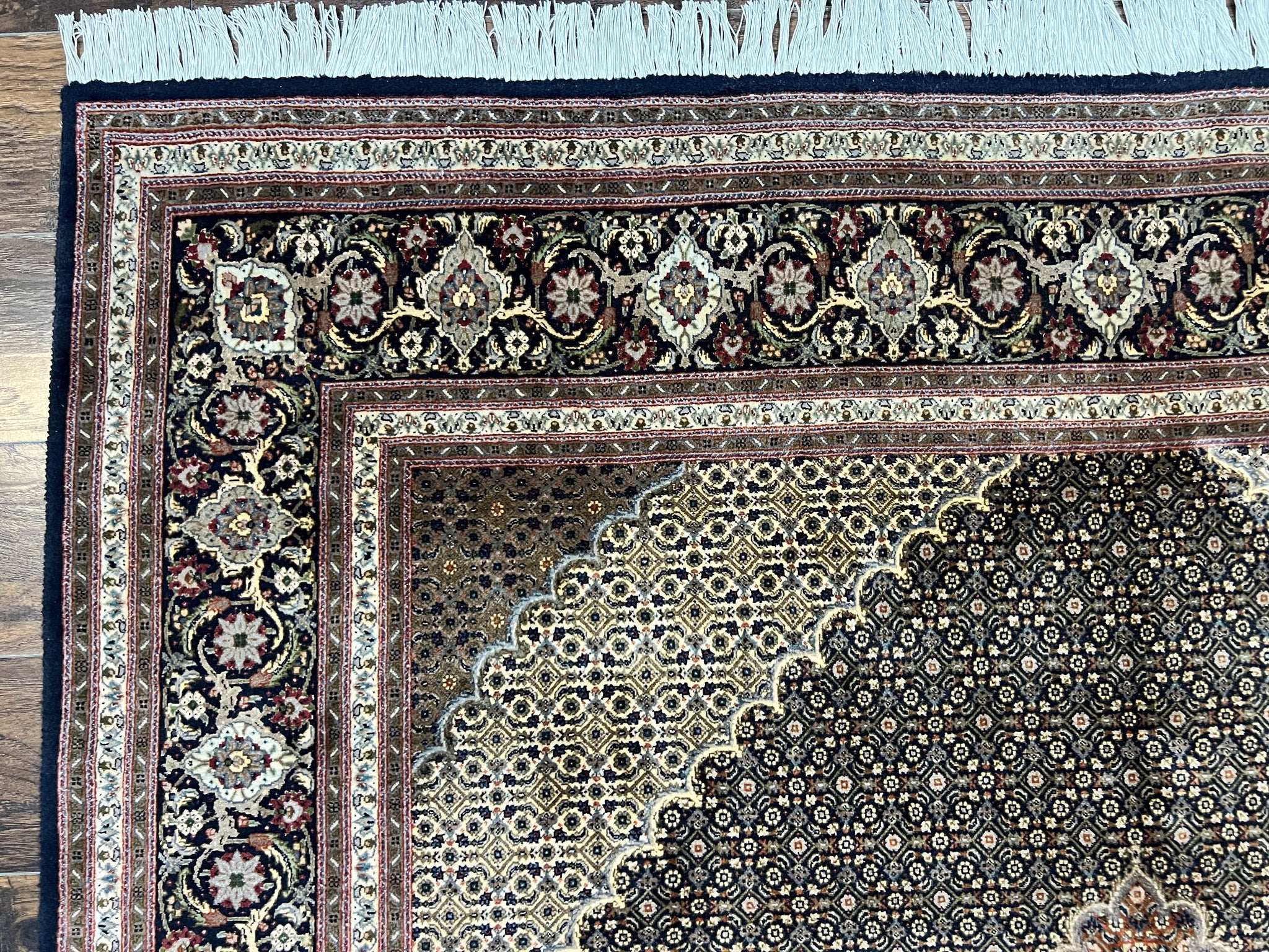 Persian Tabriz Rug 7x10, Very Fine 330 KPSI 50 Raj, Black and Beige, Handmade Wool Vintage Persian Carpet by Jewel Rugs