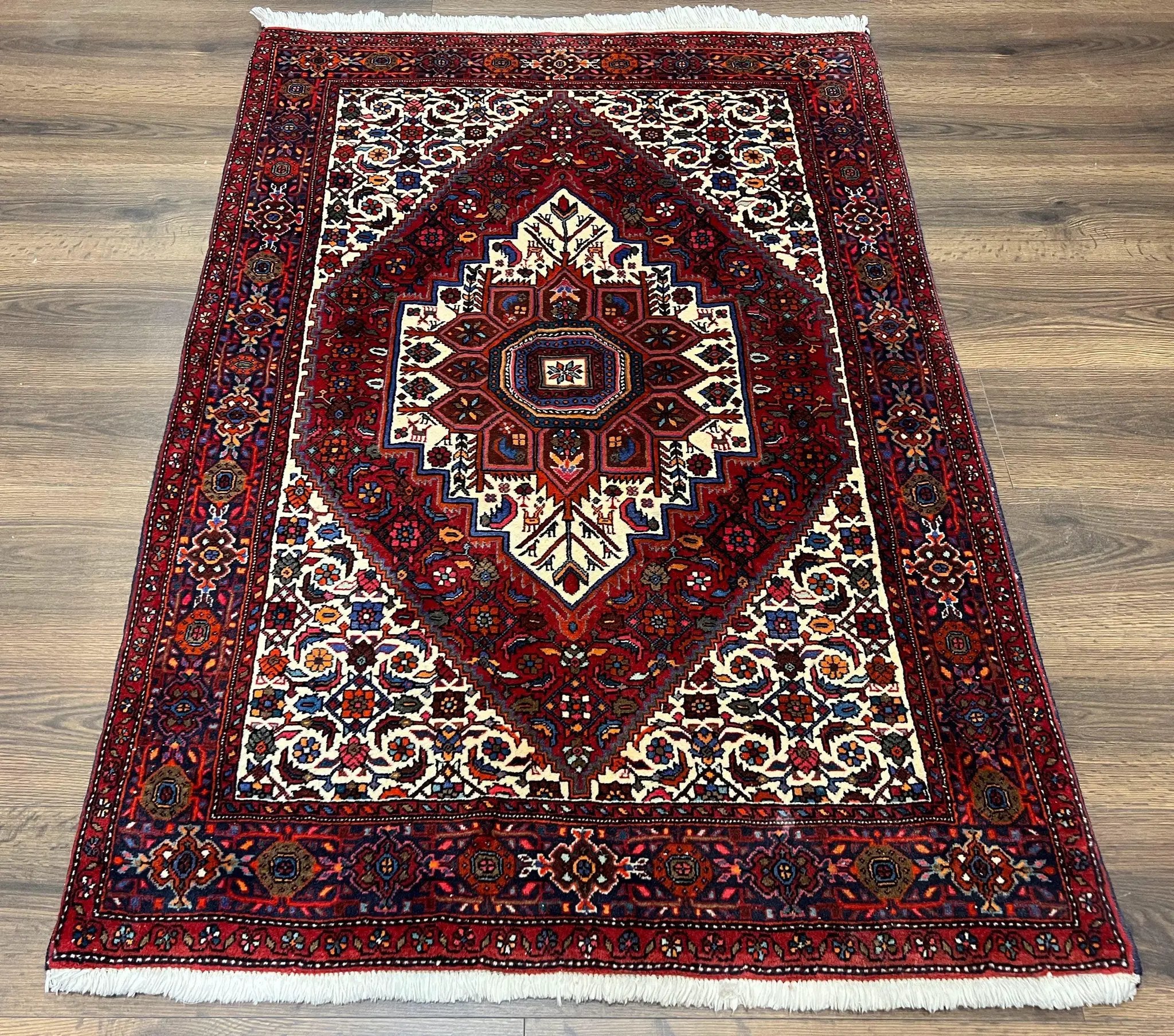 Fine Persian Bidjar Rug 3x5, Geometric Medallion Oriental Bijar Carpet 3 x 5 ft, Ruby Red and Cream, Hand Knotted Wool Rug, Semi Antique Tribal Rug, Nice by Jewel Rugs