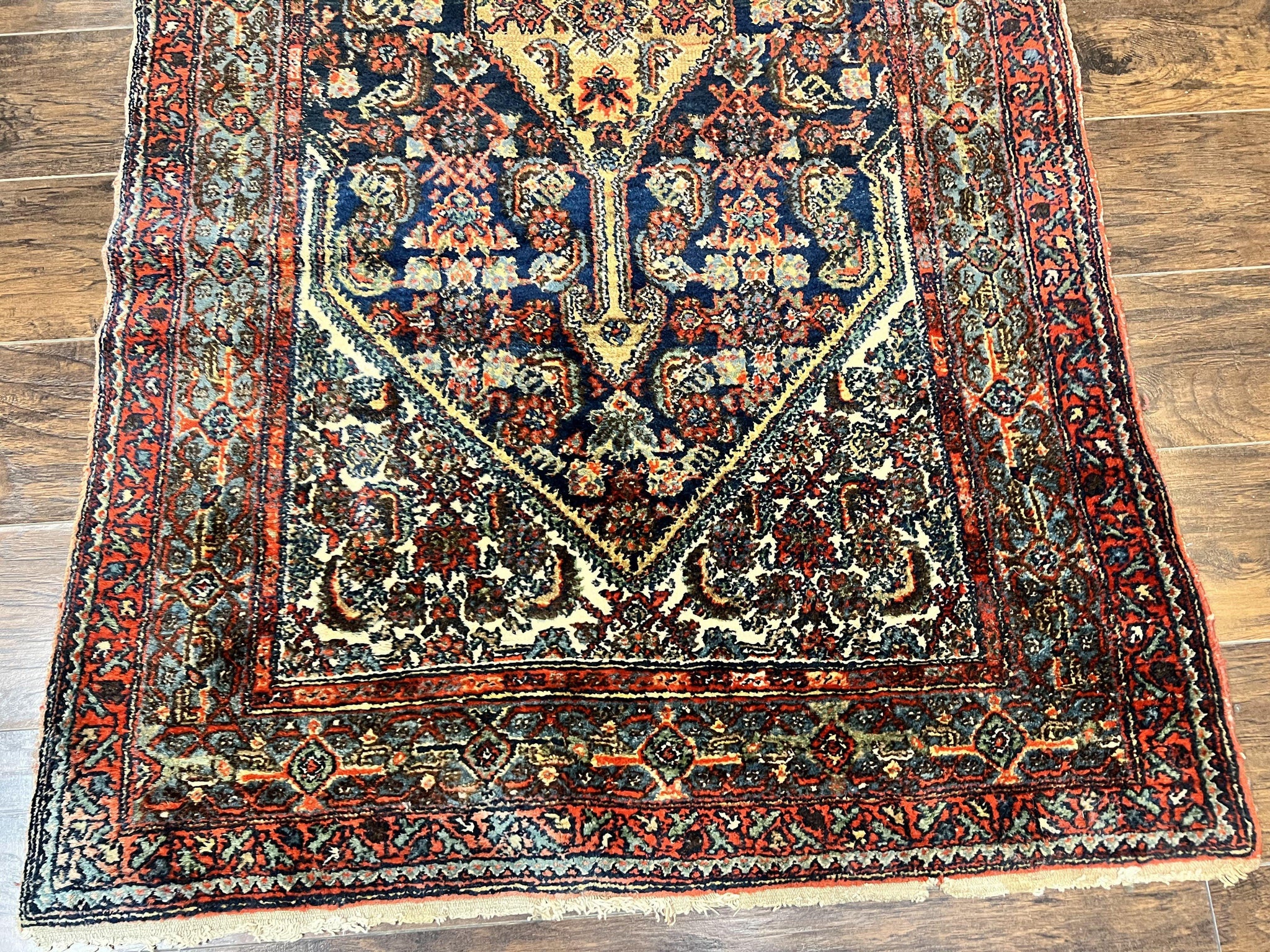 Antique Persian Runner Rug 3.7 x 15.8, Navy Blue Multicolor, Hand Knotted Handmade Wool Rug for Hallway, Geometric Medallions, Persian Hamadan Rug by Jewel Rugs