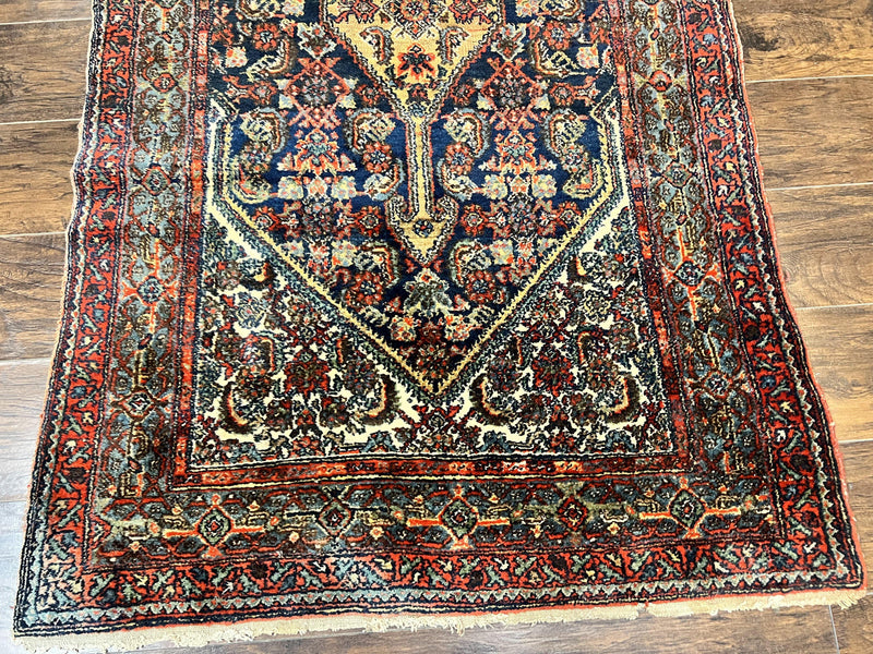 Antique Persian Runner Rug 3.7 x 15.8, Navy Blue Multicolor, Hand Knotted Handmade Wool Rug for Hallway, Geometric Medallions, Persian Hamadan Rug by Jewel Rugs