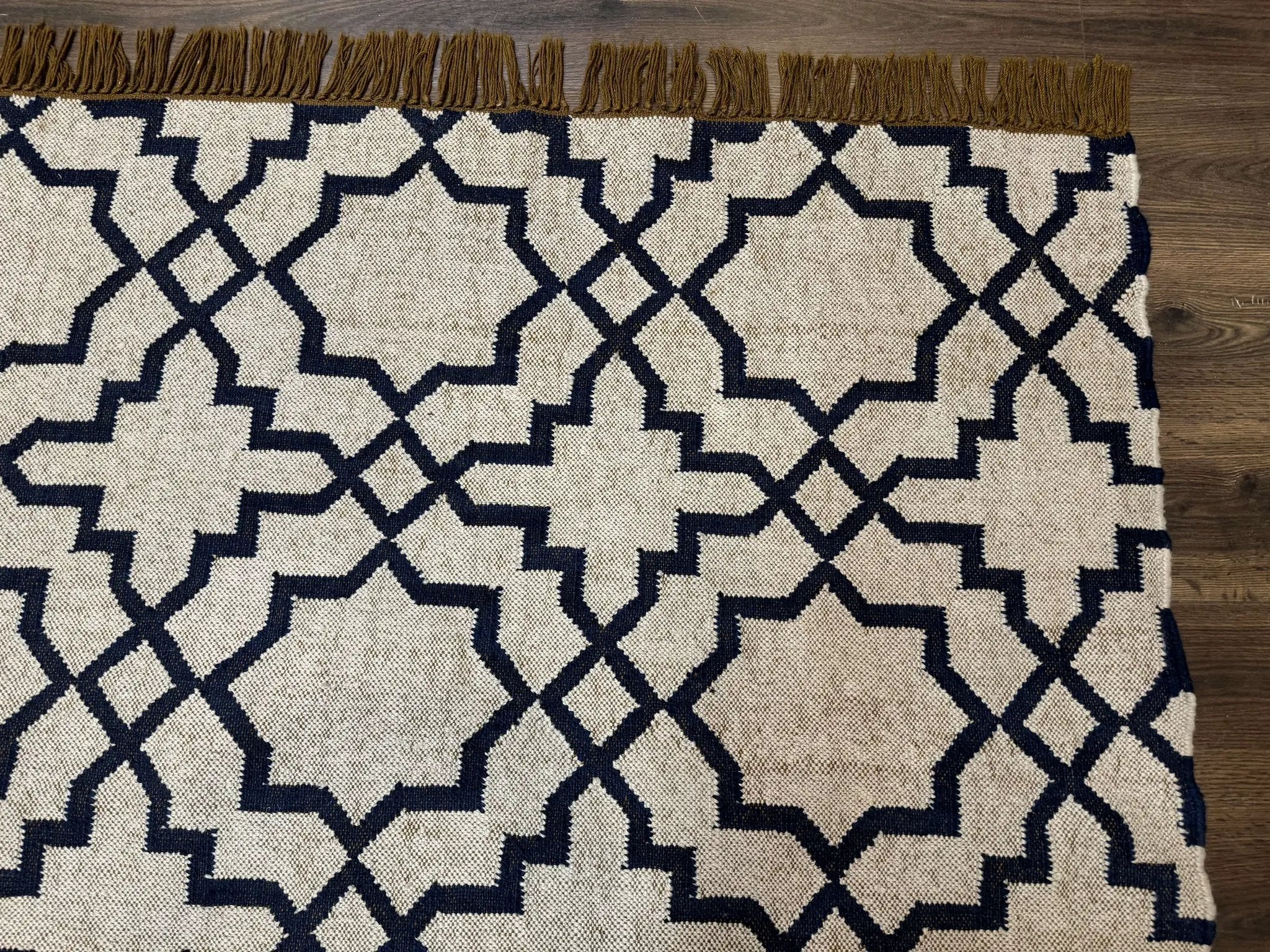 Indian Kilim Rug 8x10, Oat and Navy Blue, Dhurrie Carpet, Handmade, Wool by Jewel Rugs