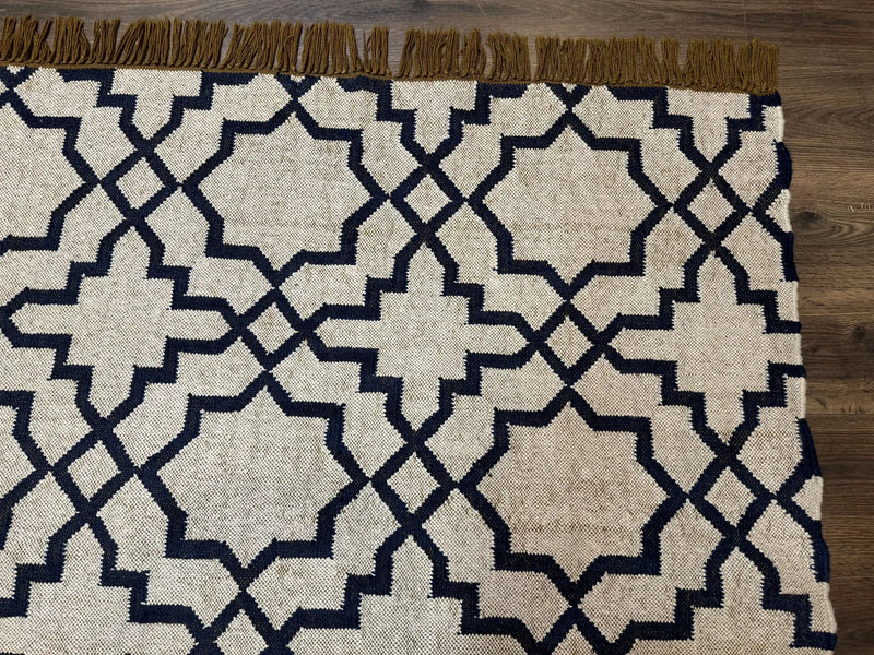 Indian Kilim Rug 8x10, Oat and Navy Blue, Dhurrie Carpet, Handmade, Wool by Jewel Rugs