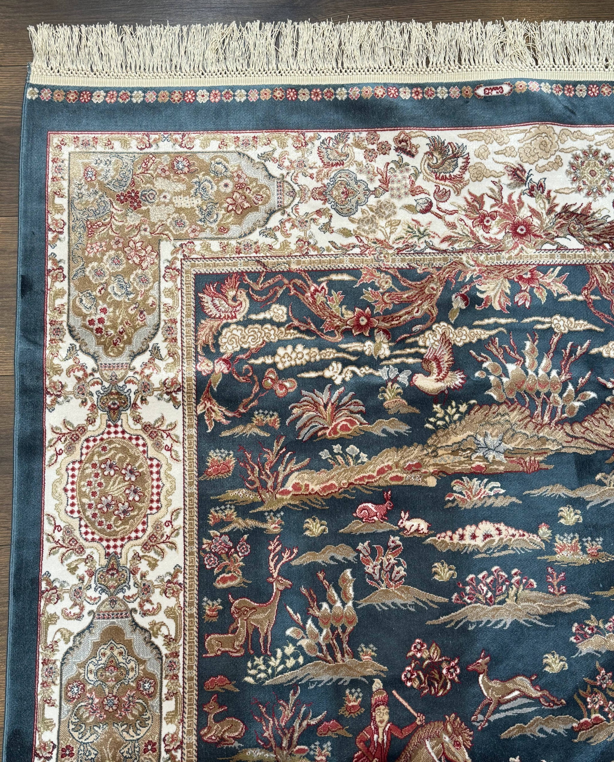 Turkish Silk Hunting Design Rug 4x6, Dark Steel Blue & Ivory, Bamboo Silk, New by Jewel Rugs