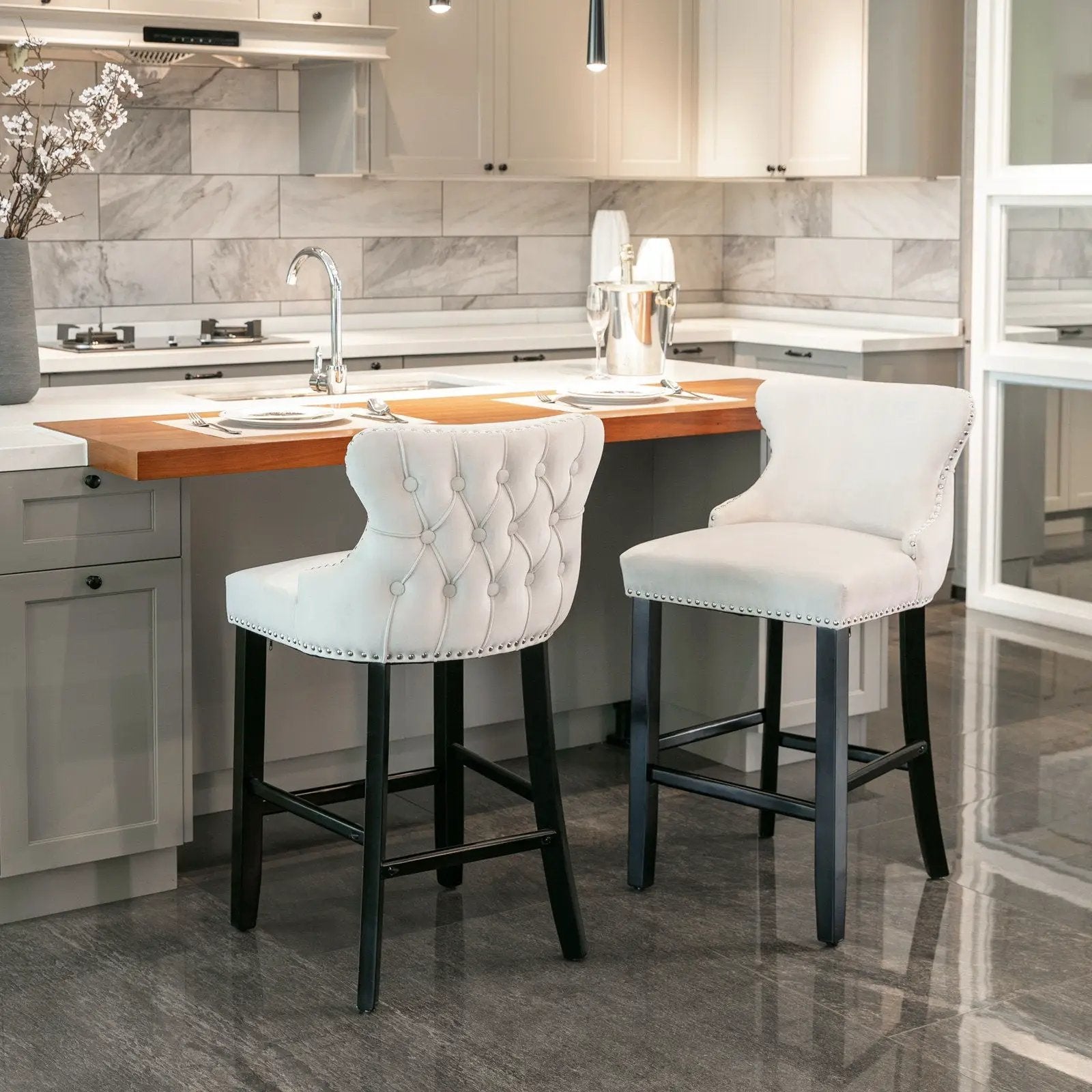 Contemporary Upholstered Wing-Back Barstools With Button Tufted Decoration And Wooden Legs, And Nailhead Trim, Leisure Style Bar Chairs, Bar Stools (Set of 2) by Unique Piece Furniture