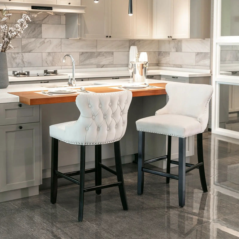 Contemporary Upholstered Wing-Back Barstools With Button Tufted Decoration And Wooden Legs, And Nailhead Trim, Leisure Style Bar Chairs, Bar Stools (Set of 2) by HouseOfZazla