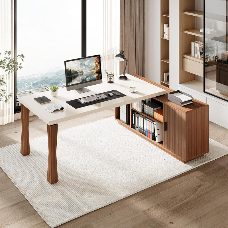 L-Shaped Executive Desk With Storage Cabinet, Home Office Workstation With Shelves - White / Walnut by HouseOfZazla