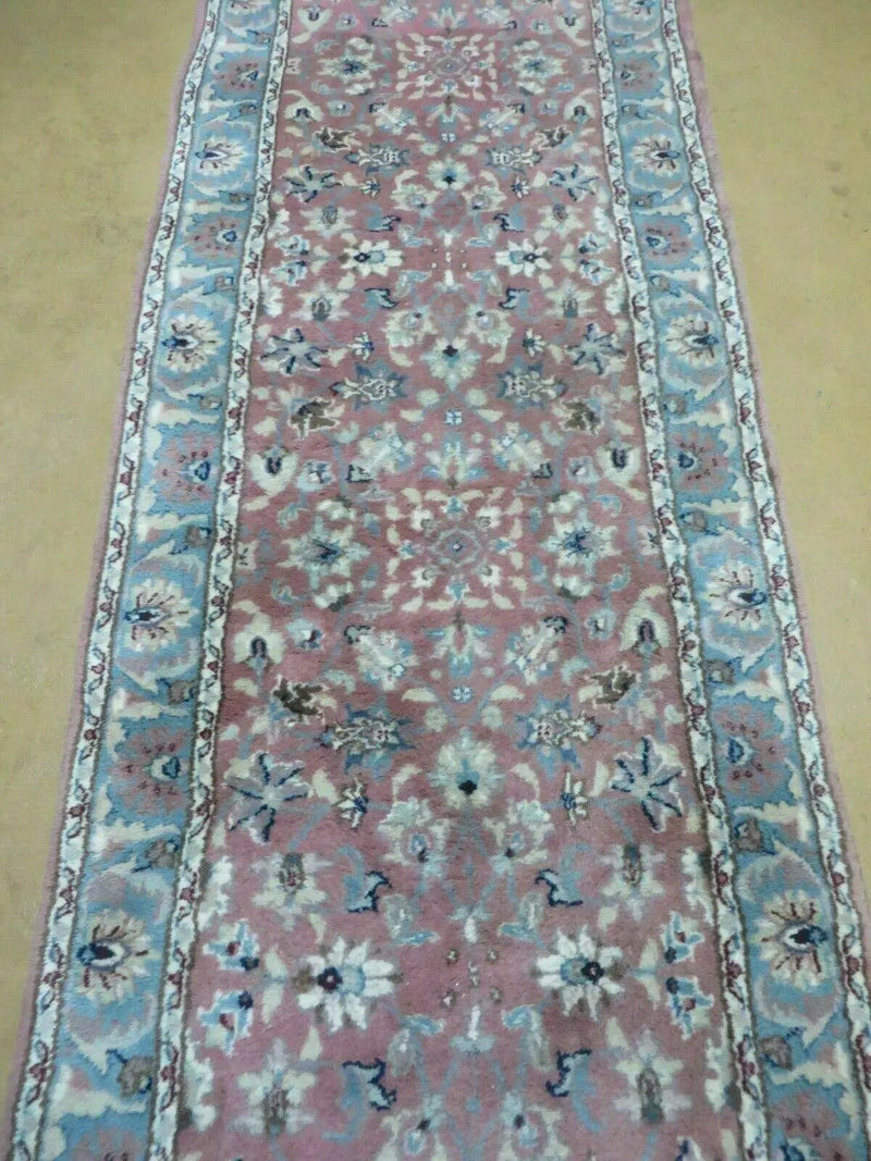 Indo Persian Runner Rug 2.8 x 12, Wool Hand Knotted, Pink and Light Blue by Jewel Rugs