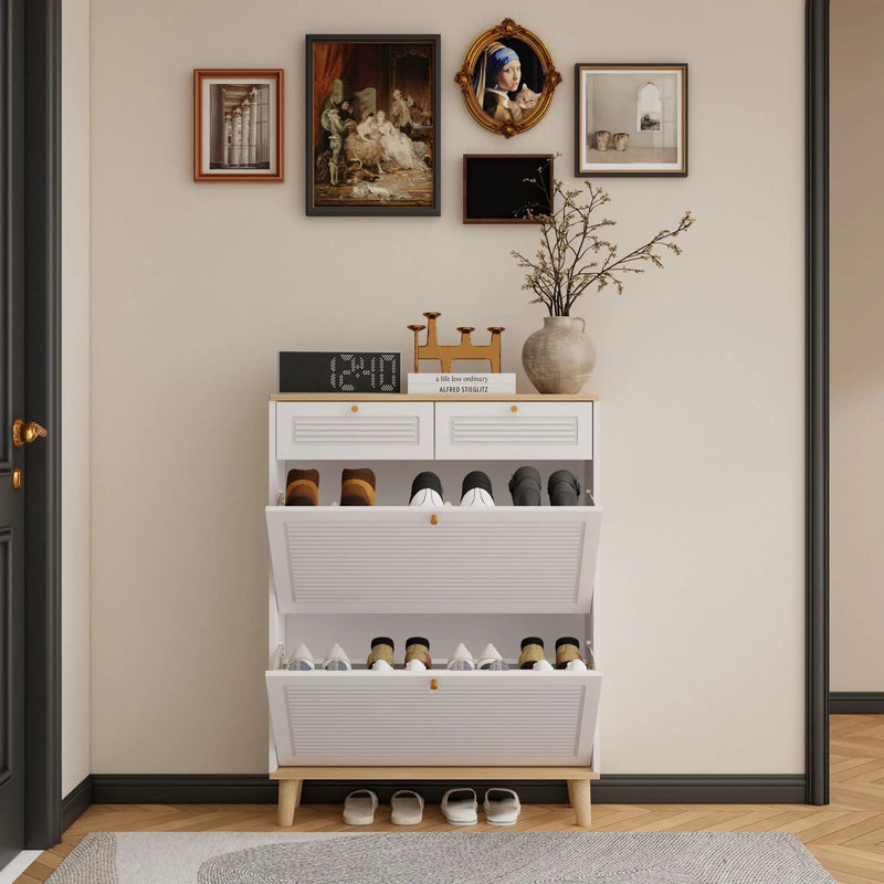 Modern Freestanding Shoe Cabinet With Flip Up Doors And Drawers, Compact Design For Entryway - White Natural by HouseOfZazla
