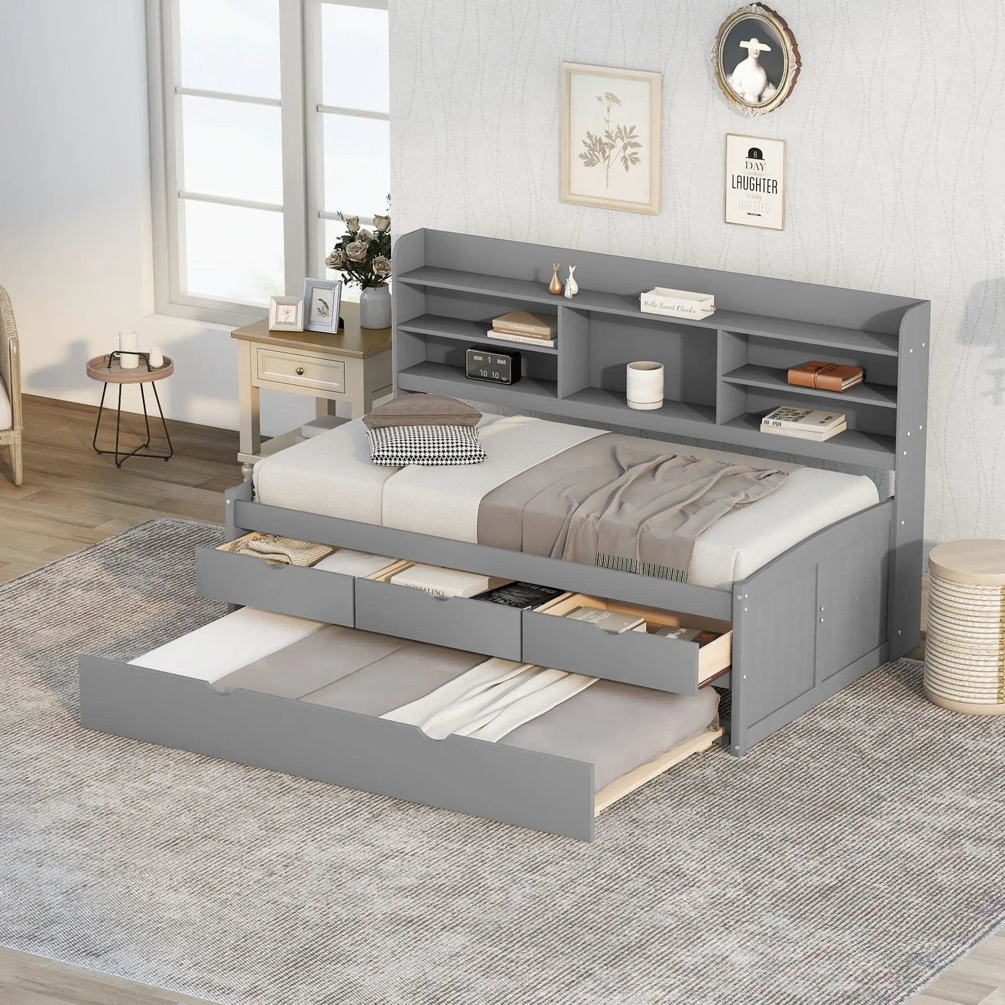 Captain Bed With Built In Bookshelves, 3 Storage Drawers, And Trundle by Unique Piece Furniture