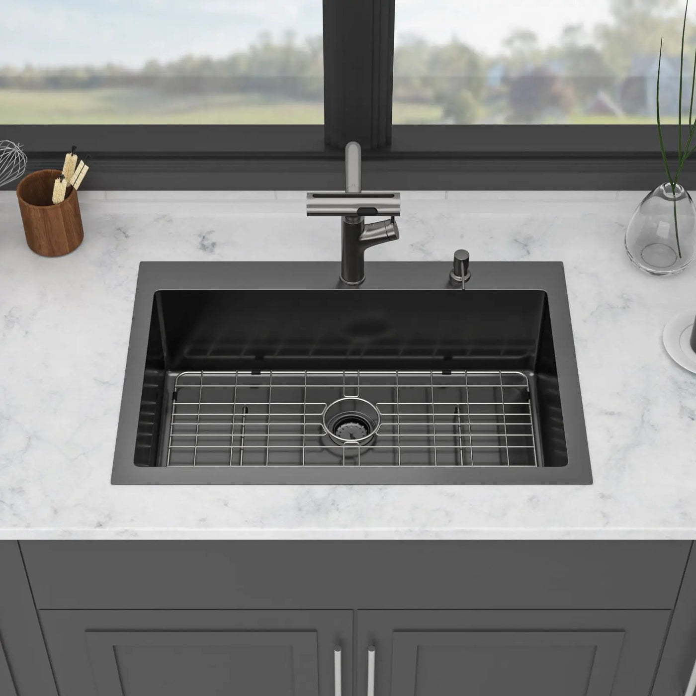 Drop-In Stainless Steel Kitchen Sink With Pull-Out Faucet And Soap Dispenser by HouseOfZazla
