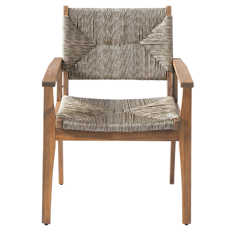 5-Piece Outdoor Dining Set: Brown Round Acacia Wood Table & 4 Brown Wicker Armchairs by HouseOfZazla