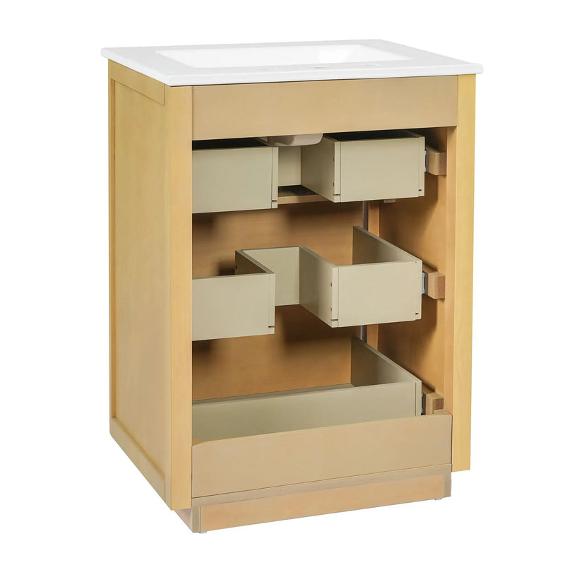 Bathroom Vanity With Sink, Open Shelf & Closed Storage - Natural Wood