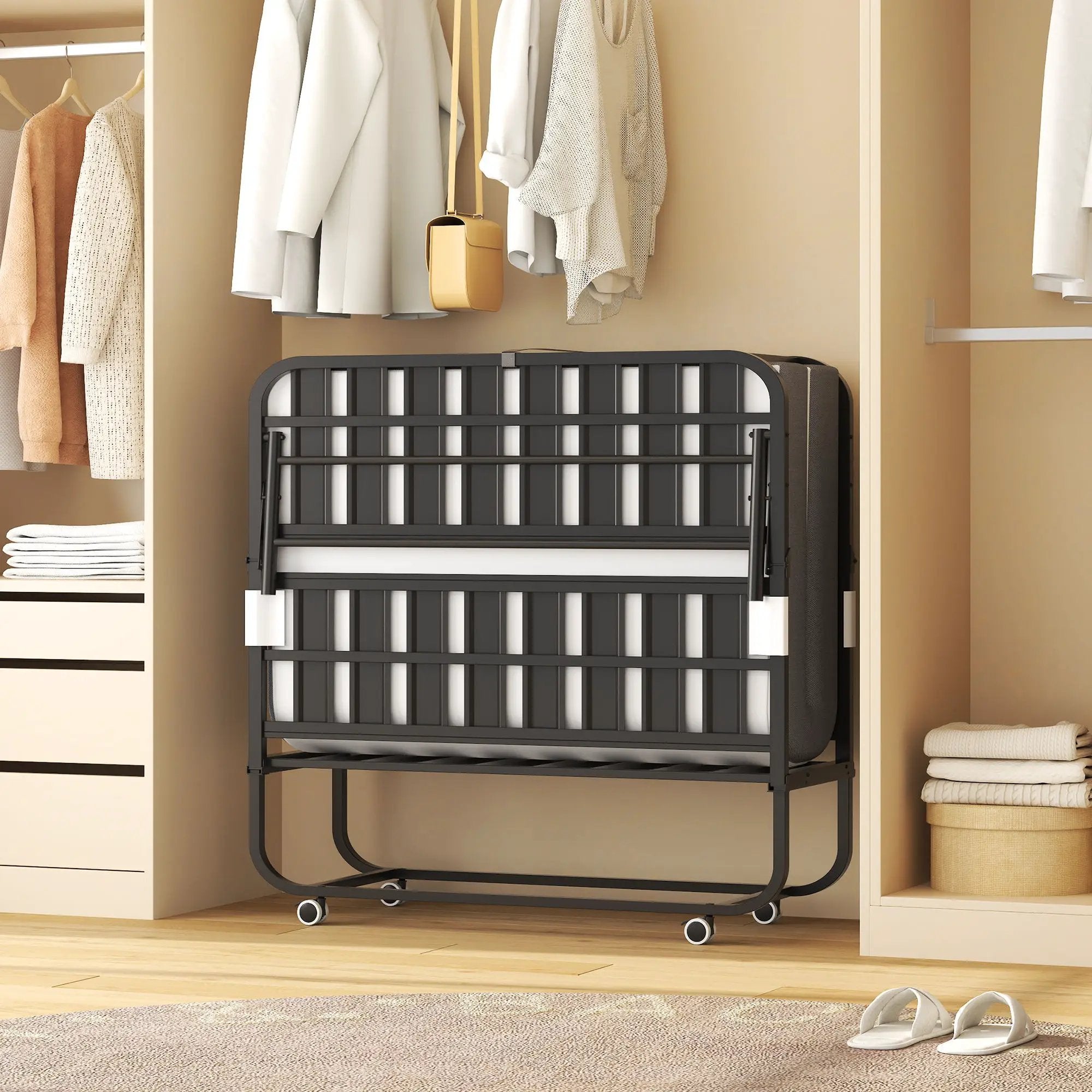 Twin Wide Folding Bed With Adjustable Headboard, Extra Long Rollaway For Tall People, Memory Foam Mattress - Black by Unique Piece Furniture