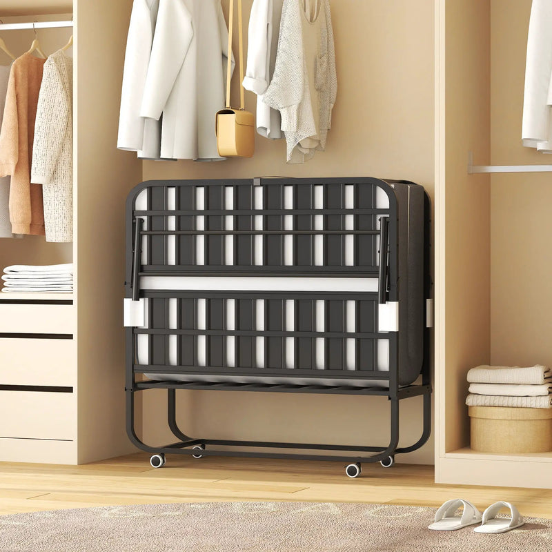 Twin Wide Folding Bed With Adjustable Headboard, Extra Long Rollaway For Tall People, Memory Foam Mattress - Black by Unique Piece Furniture