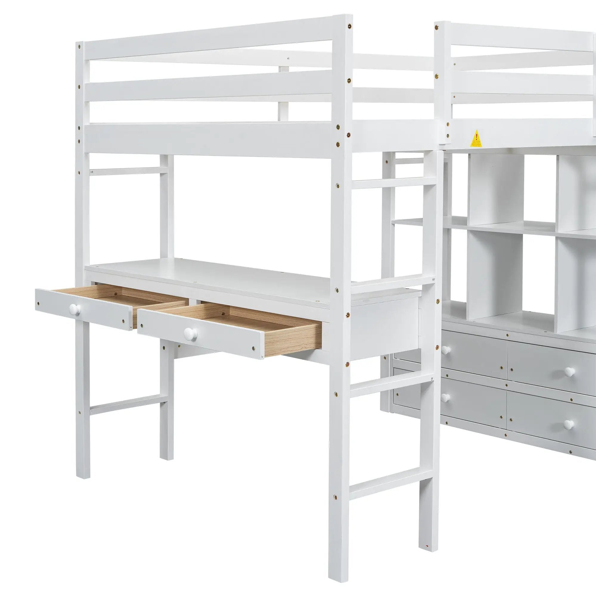 Full Size Loft Bed With Built In Desk, 2 Drawers, Storage Shelves - White by Unique Piece Furniture