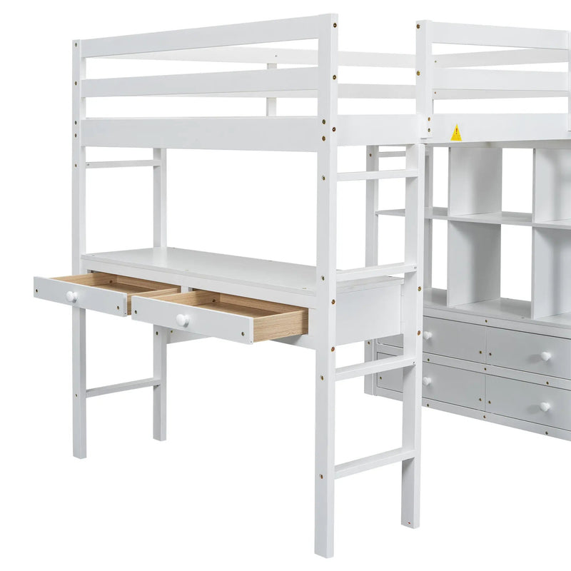 Full Size Loft Bed With Built In Desk, 2 Drawers, Storage Shelves - White by Unique Piece Furniture