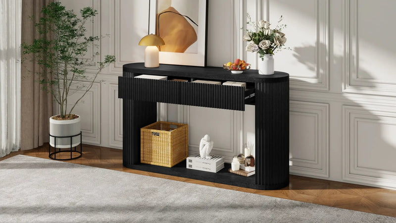 TREXM Oval Fluted Console Table with 2 Drawers and Bottom Shelf by HouseOfZazla