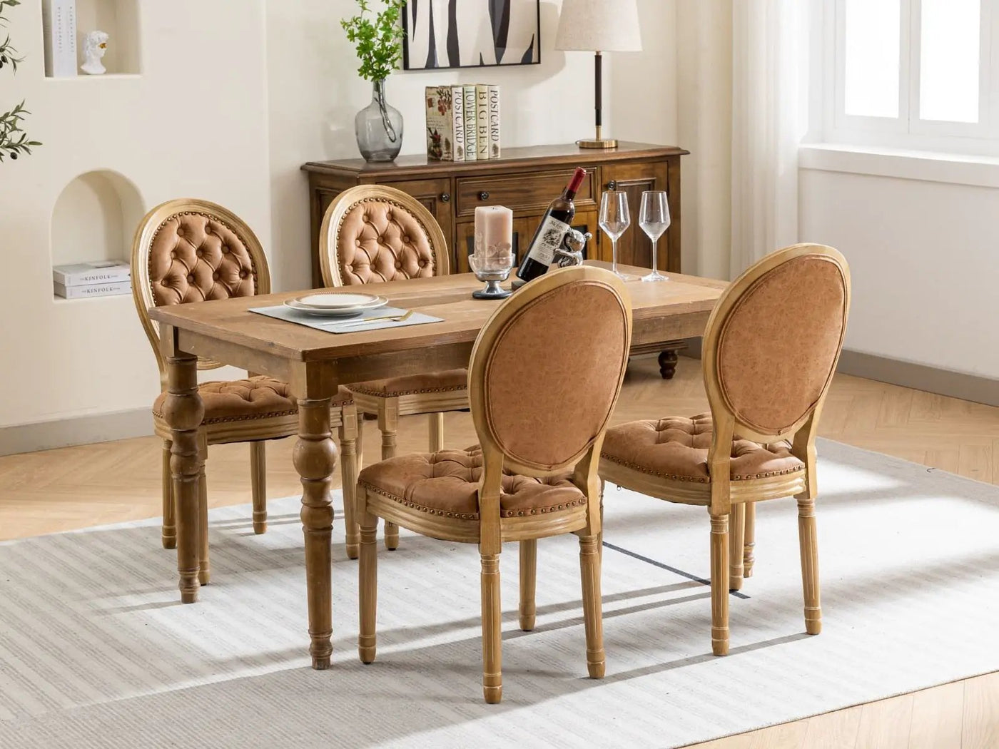 French Style Solid Wood Frame Antique Painting, Hand-Pulled Buckle Decoration Artificial Dining Chair With Nailhead Trim, Wood Legs by HouseOfZazla